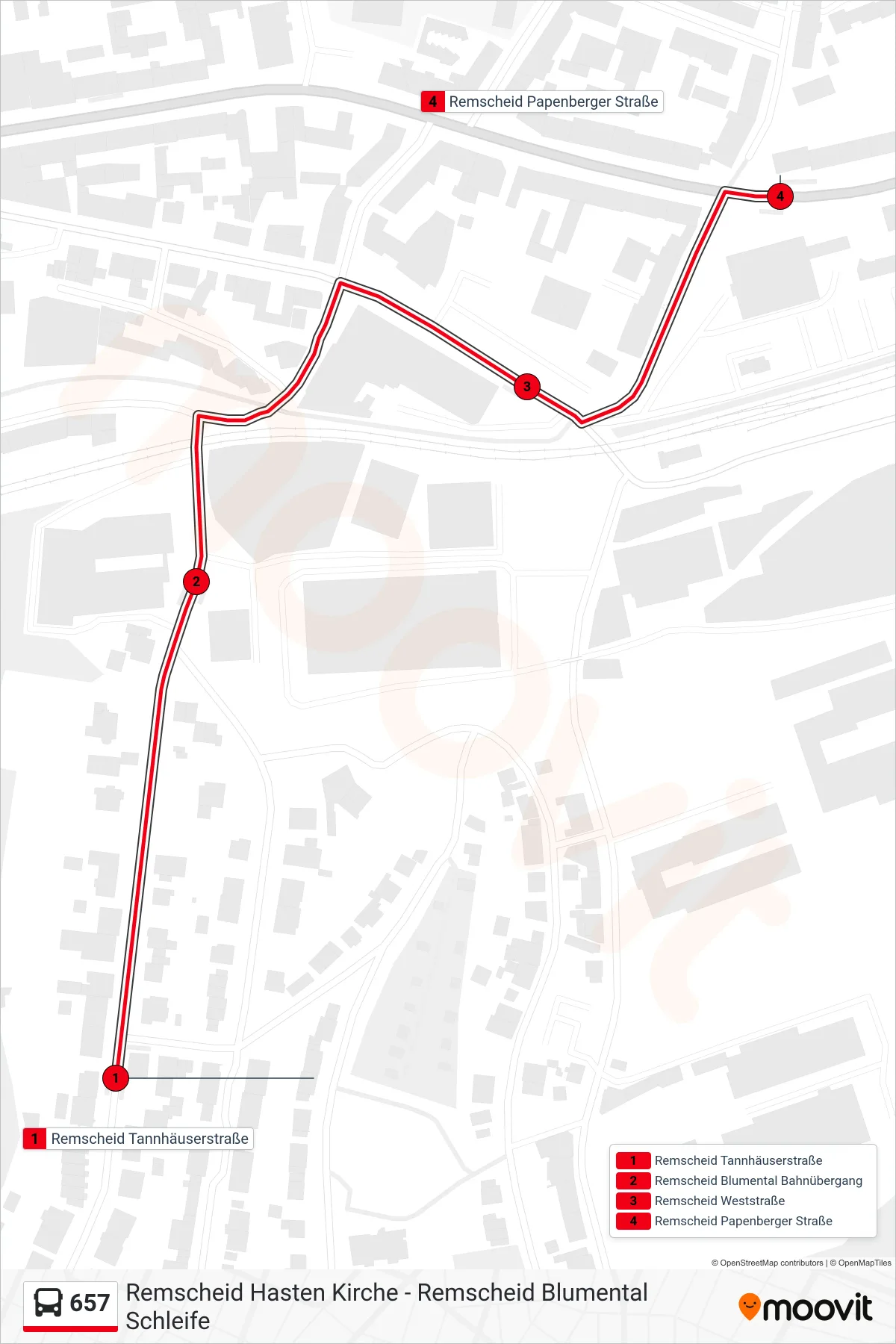 Linie 657 (Bus) Richtung Remscheid Papenberger Straße: Route und Haltestellen auf der Karte