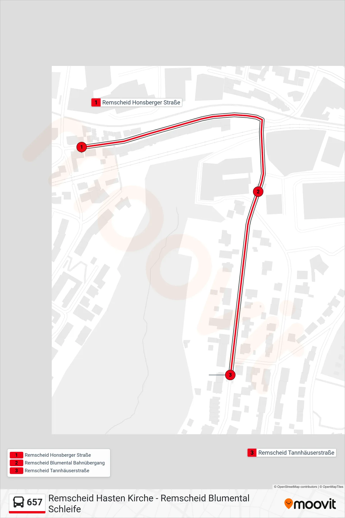Linie 657 (Bus) Richtung Remscheid Tannhäuserstraße: Route und Haltestellen auf der Karte