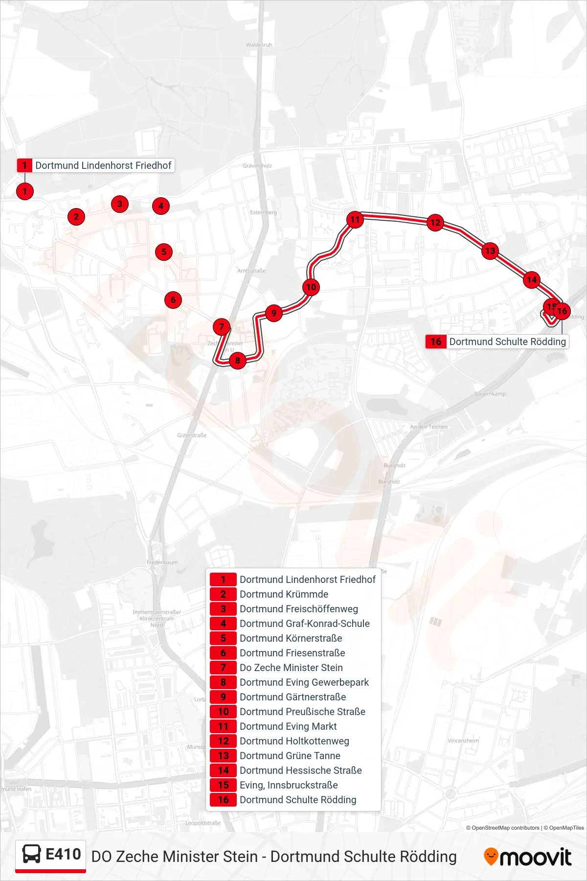 Linie E410 (Bus) Richtung Dortmund Schulte Rödding: Route und Haltestellen auf der Karte