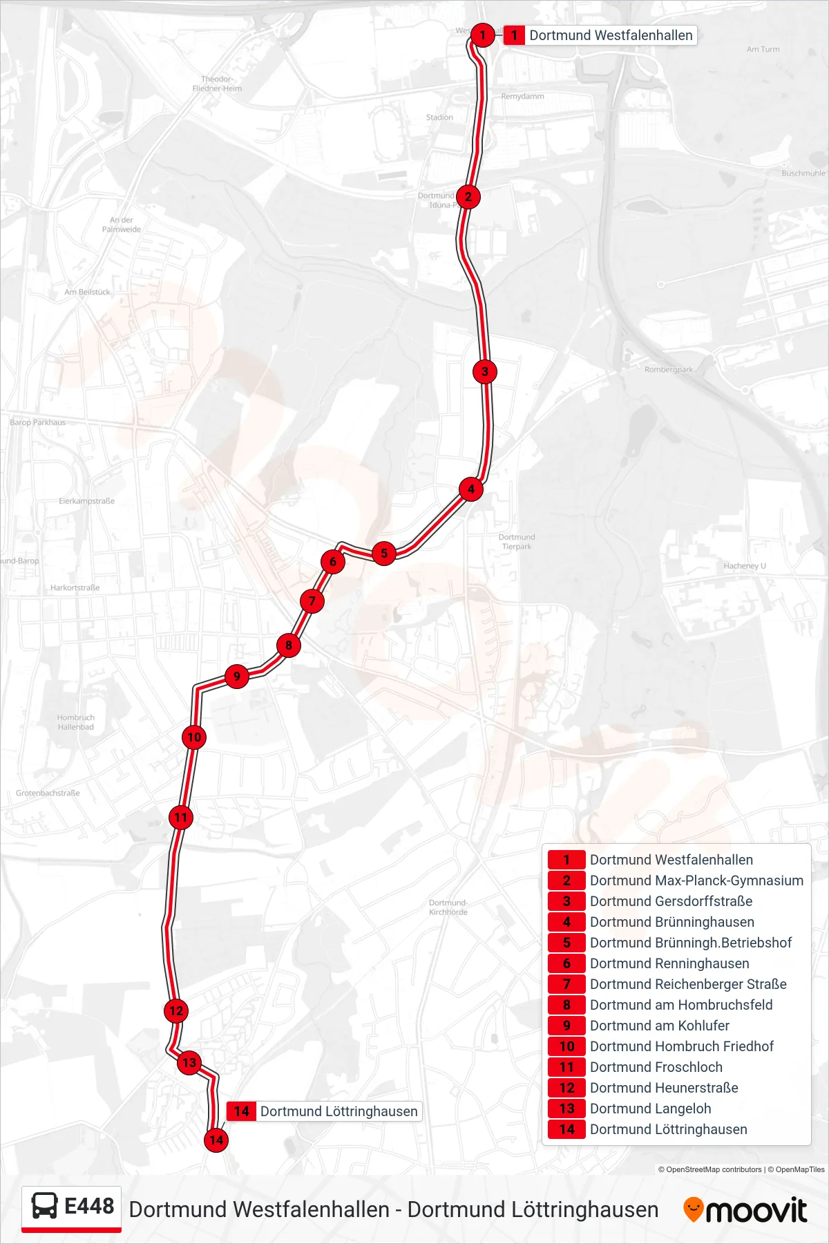 Linie E448 (Bus) Richtung Dortmund Löttringhausen: Route und Haltestellen auf der Karte