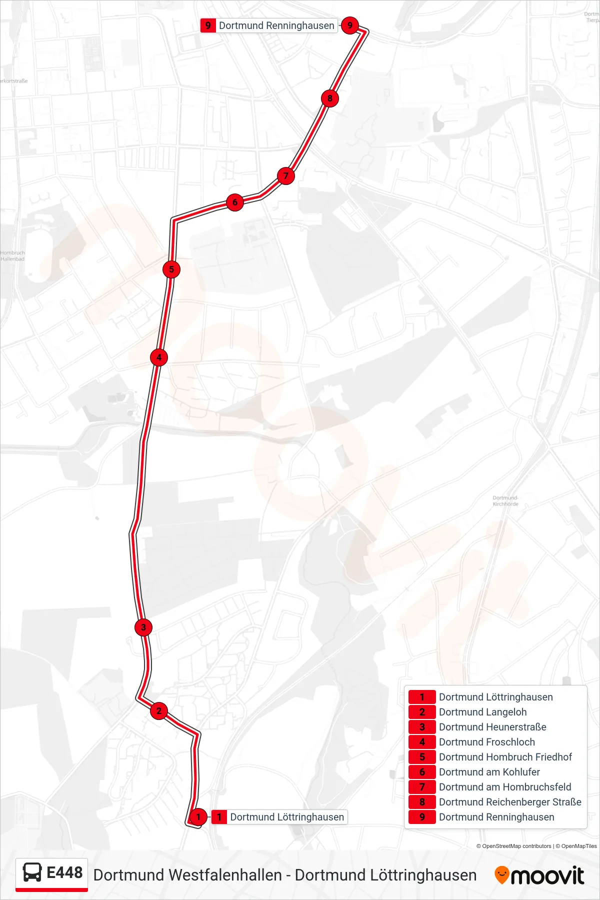 Linie E448 (Bus) Richtung Dortmund Renninghausen: Route und Haltestellen auf der Karte
