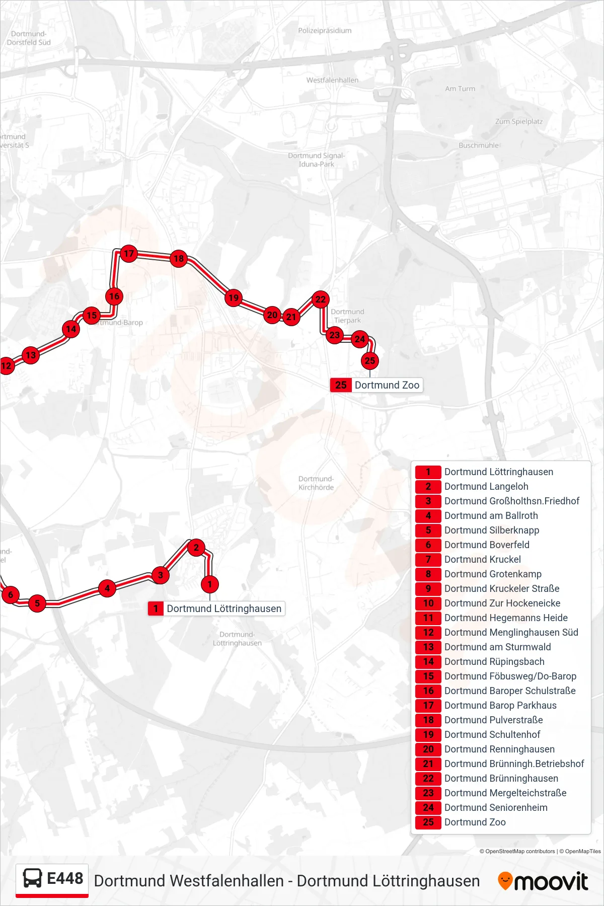 Linie E448 (Bus) Richtung Dortmund Zoo: Route und Haltestellen auf der Karte