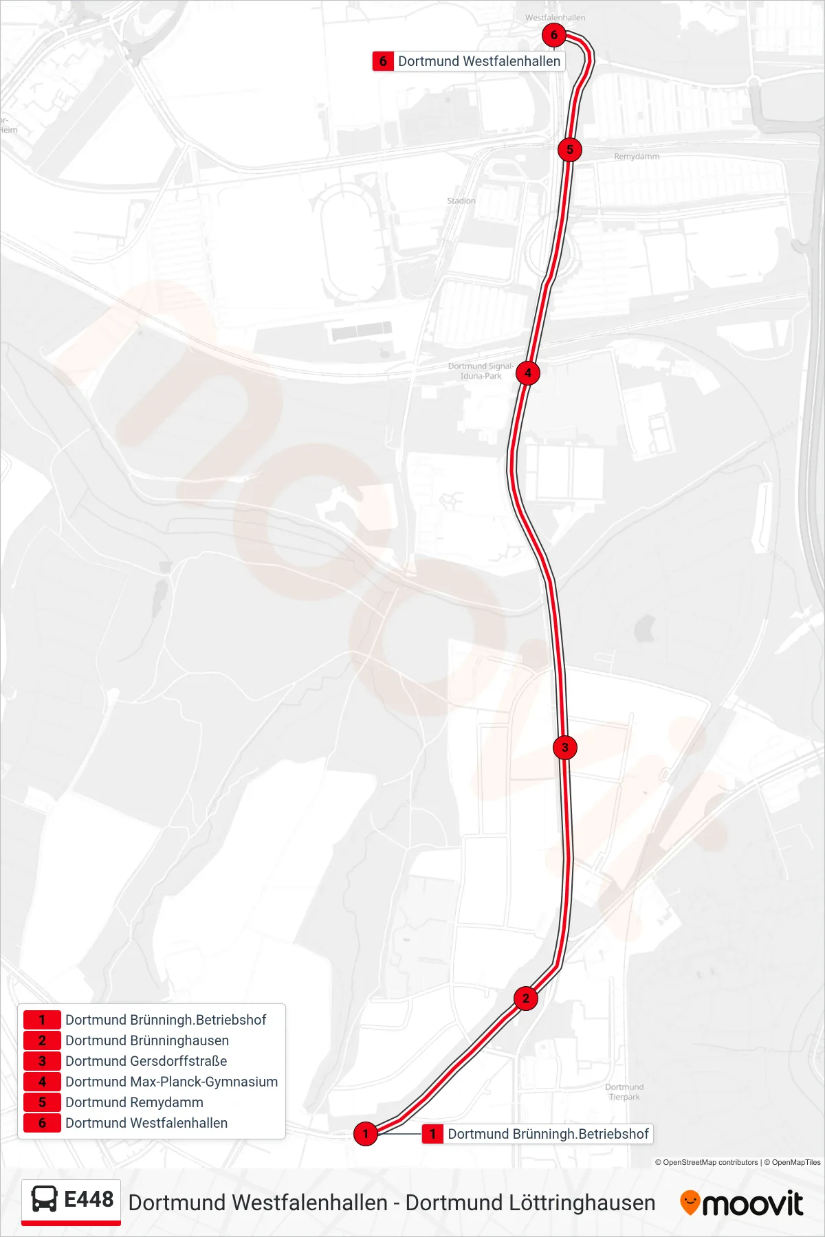 Linie E448 (Bus) Richtung Dortmund Westfalenhallen: Route und Haltestellen auf der Karte