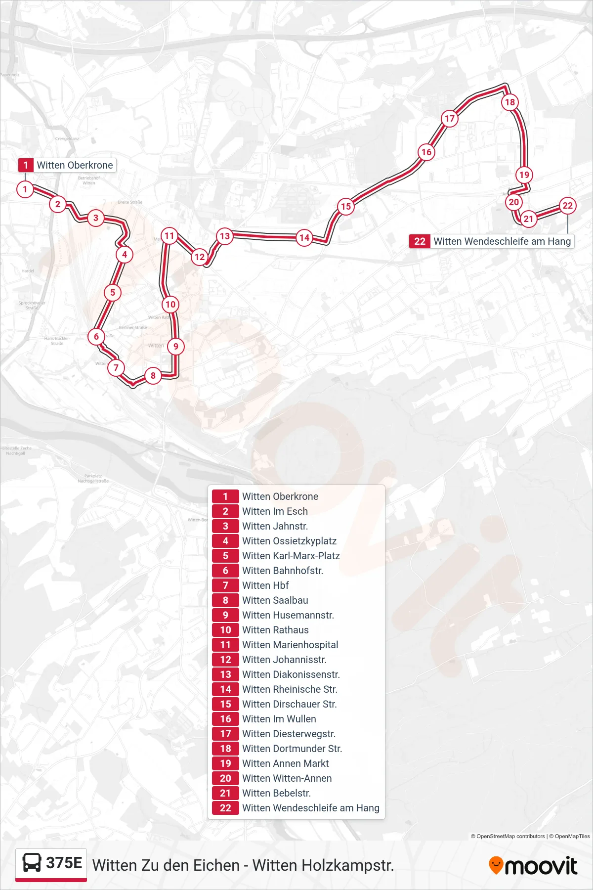 Linie 375E (Bus) Richtung Witten Wendeschleife am Hang: Route und Haltestellen auf der Karte