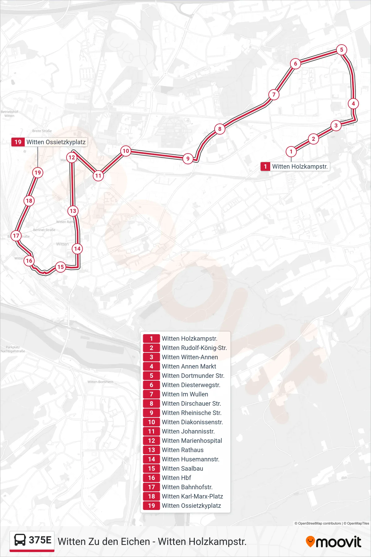 Linie 375E (Bus) Richtung Witten Ossietzkyplatz: Route und Haltestellen auf der Karte