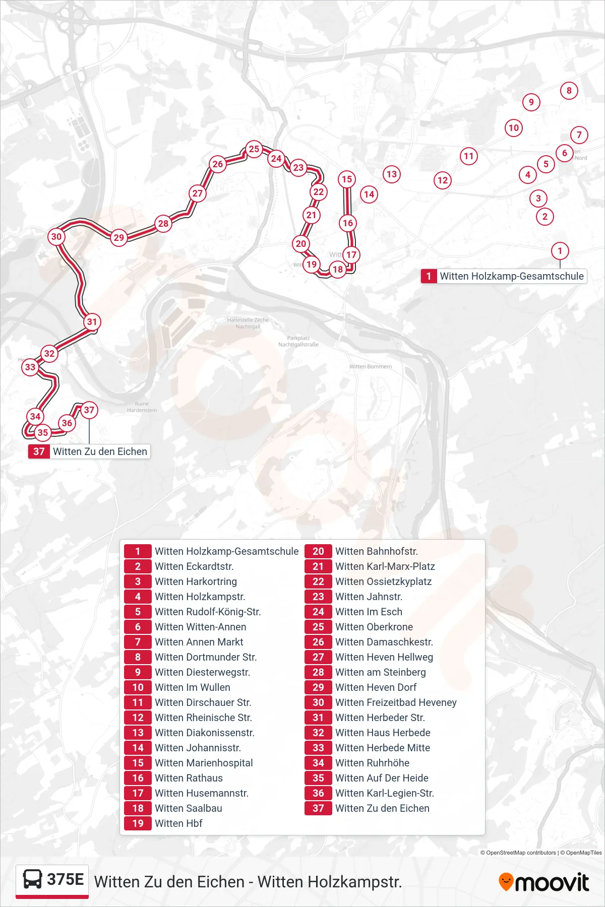Linie 375E (Bus) Richtung Witten Zu den Eichen: Route und Haltestellen auf der Karte