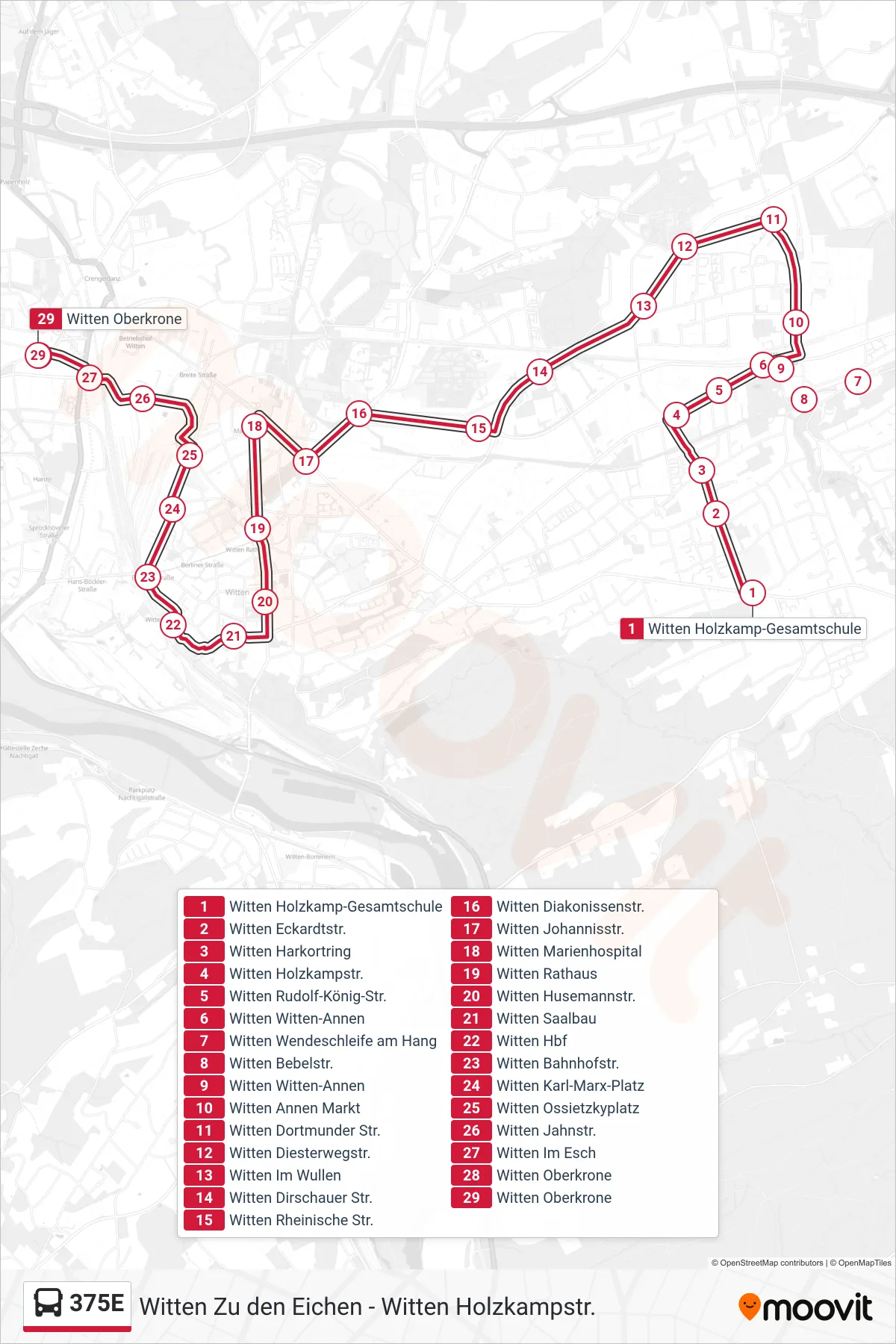 Linie 375E (Bus) Richtung Witten Oberkrone: Route und Haltestellen auf der Karte