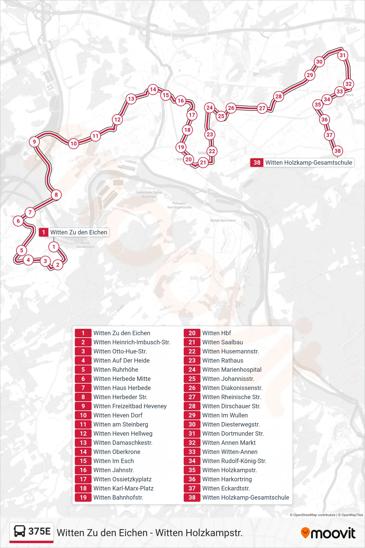 Linie 375E (Bus) Richtung Witten Holzkamp-Gesamtschule: Route und Haltestellen auf der Karte