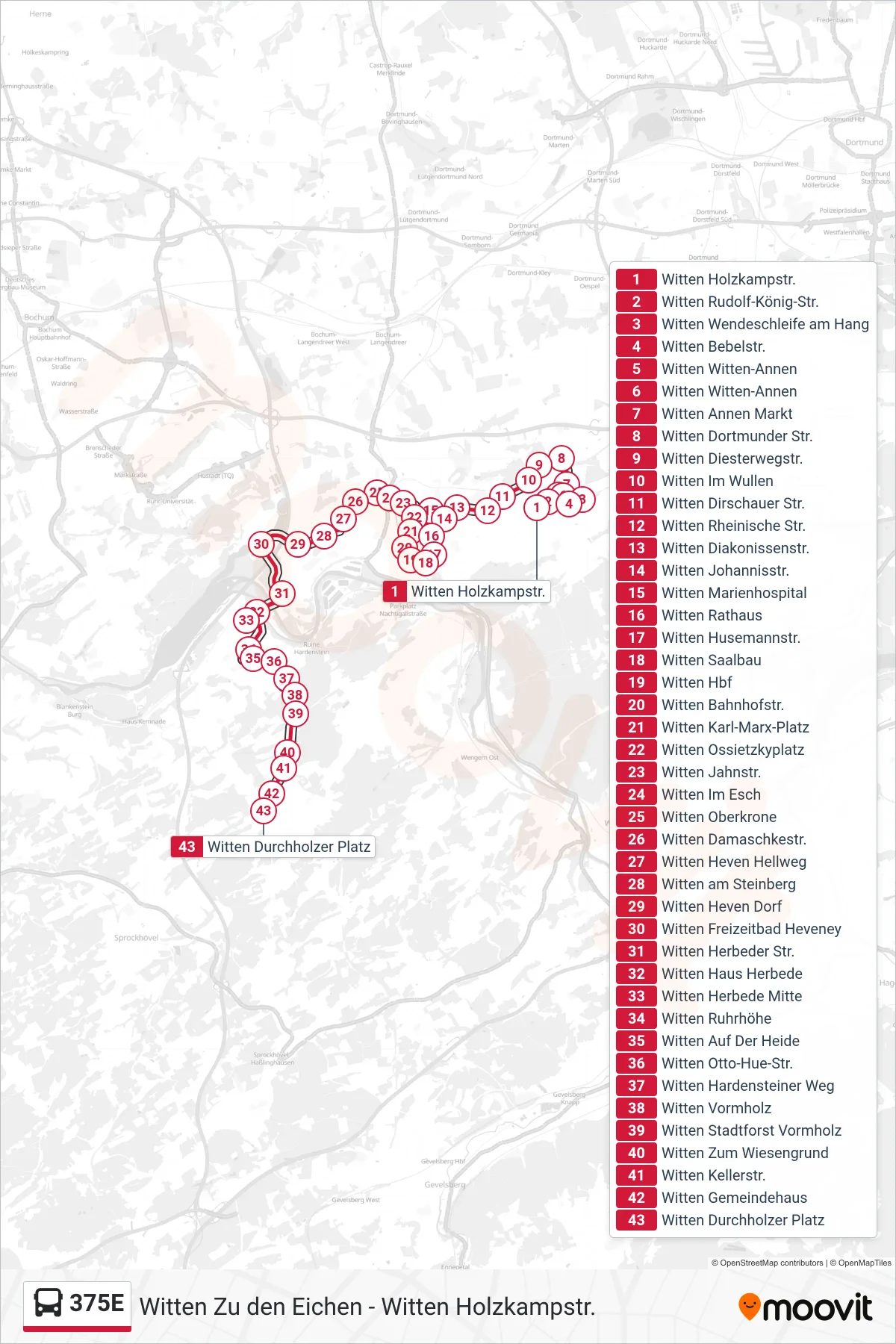 375E bus Line (Witten Durchholzer Platz) route and stops on a map