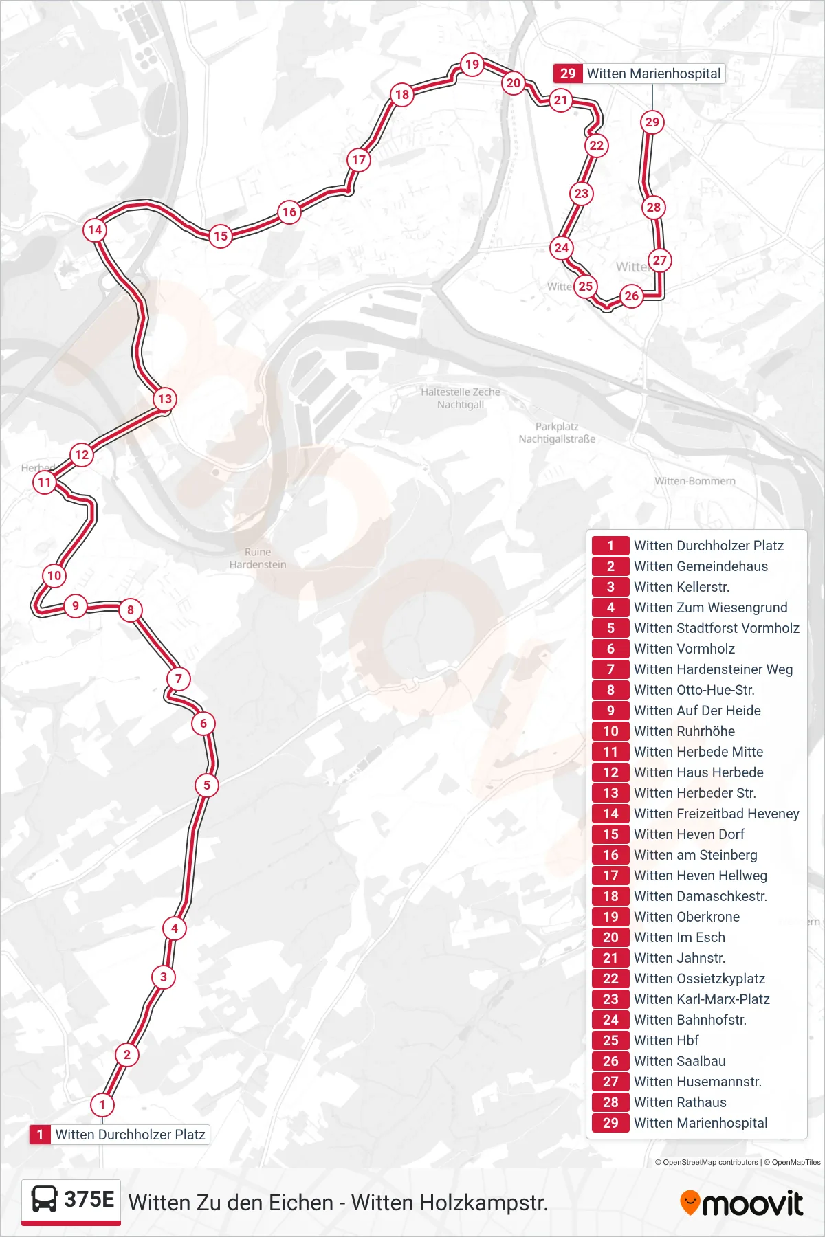 Linie 375E (Bus) Richtung Witten Marienhospital: Route und Haltestellen auf der Karte