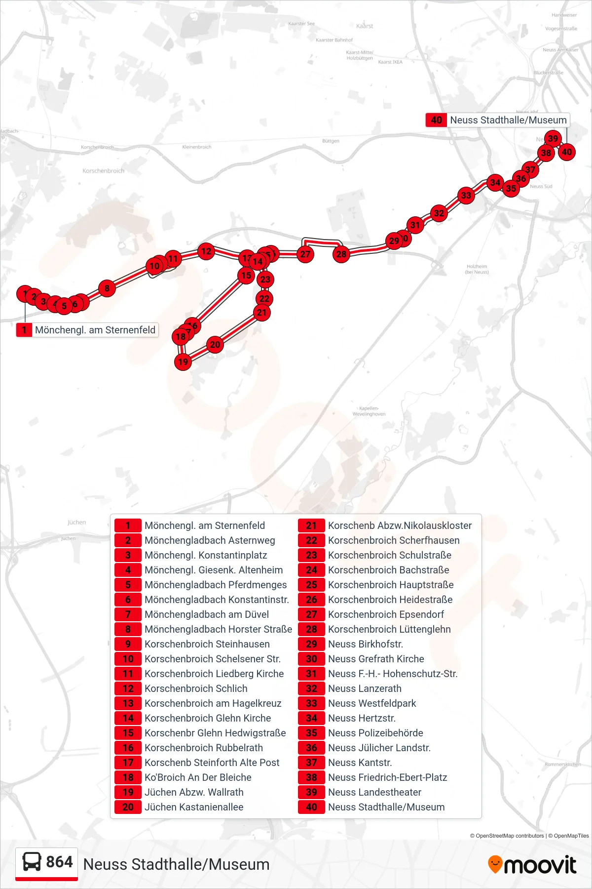 864 bus Line (Neuss Stadthalle/Museum) route and stops on a map