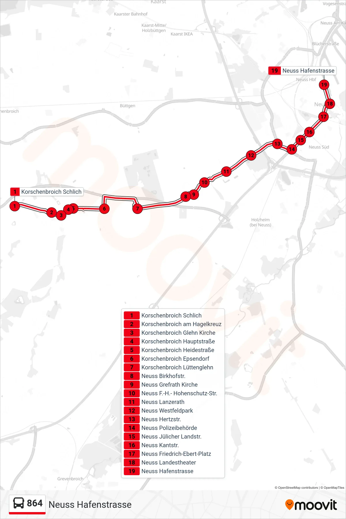864 bus Line (Neuss Hafenstrasse) route and stops on a map