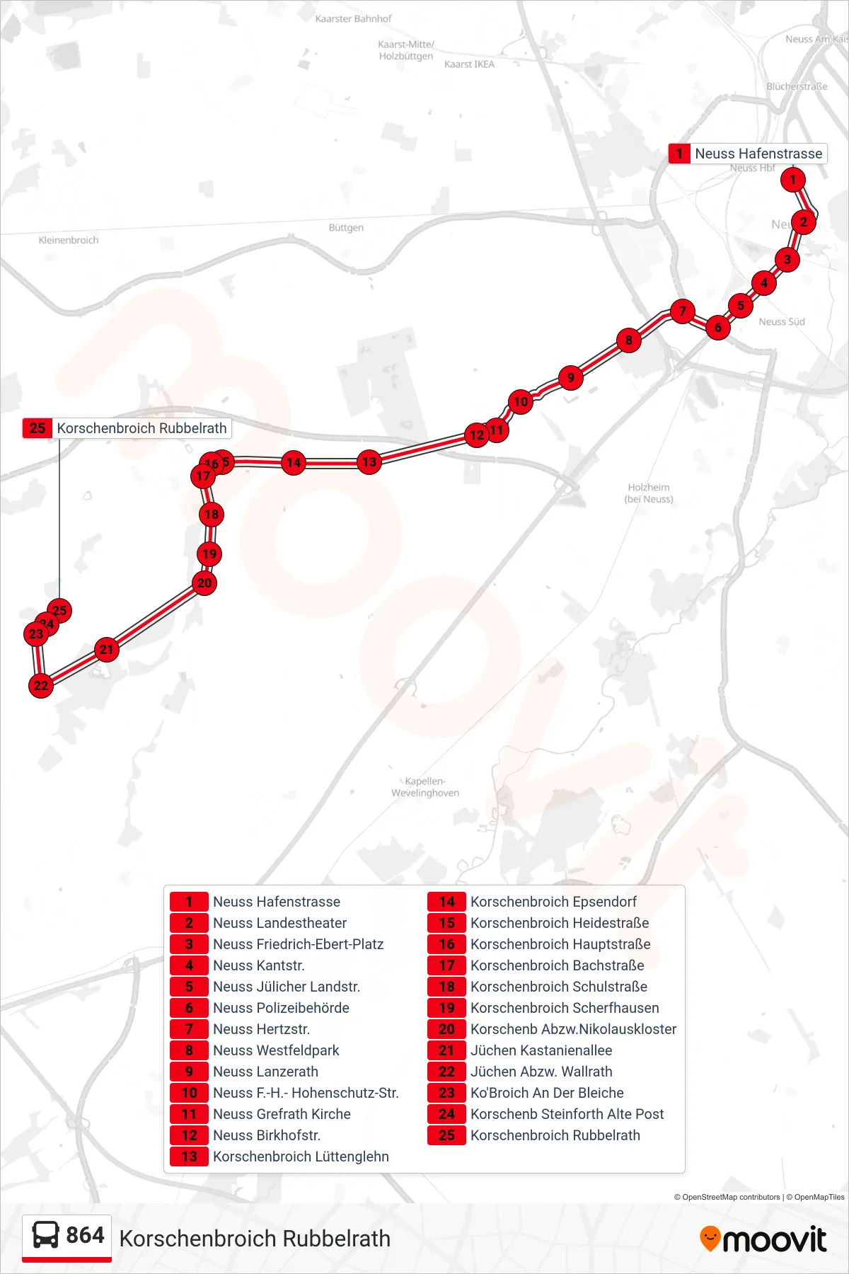 Linie 864 (Bus) Richtung Korschenbroich Rubbelrath: Route und Haltestellen auf der Karte
