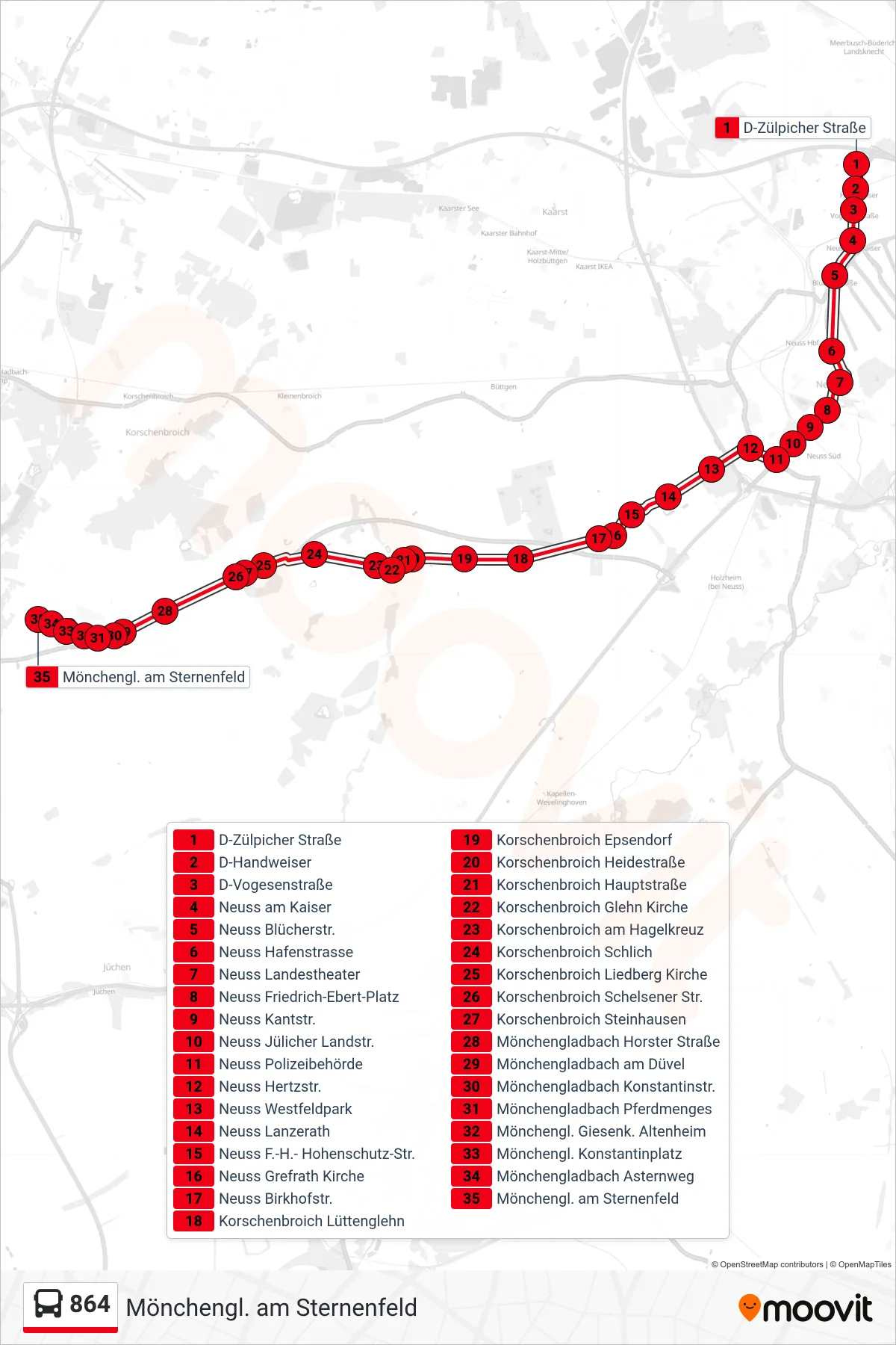 Linie 864 (Bus) Richtung Mönchengl. am Sternenfeld: Route und Haltestellen auf der Karte