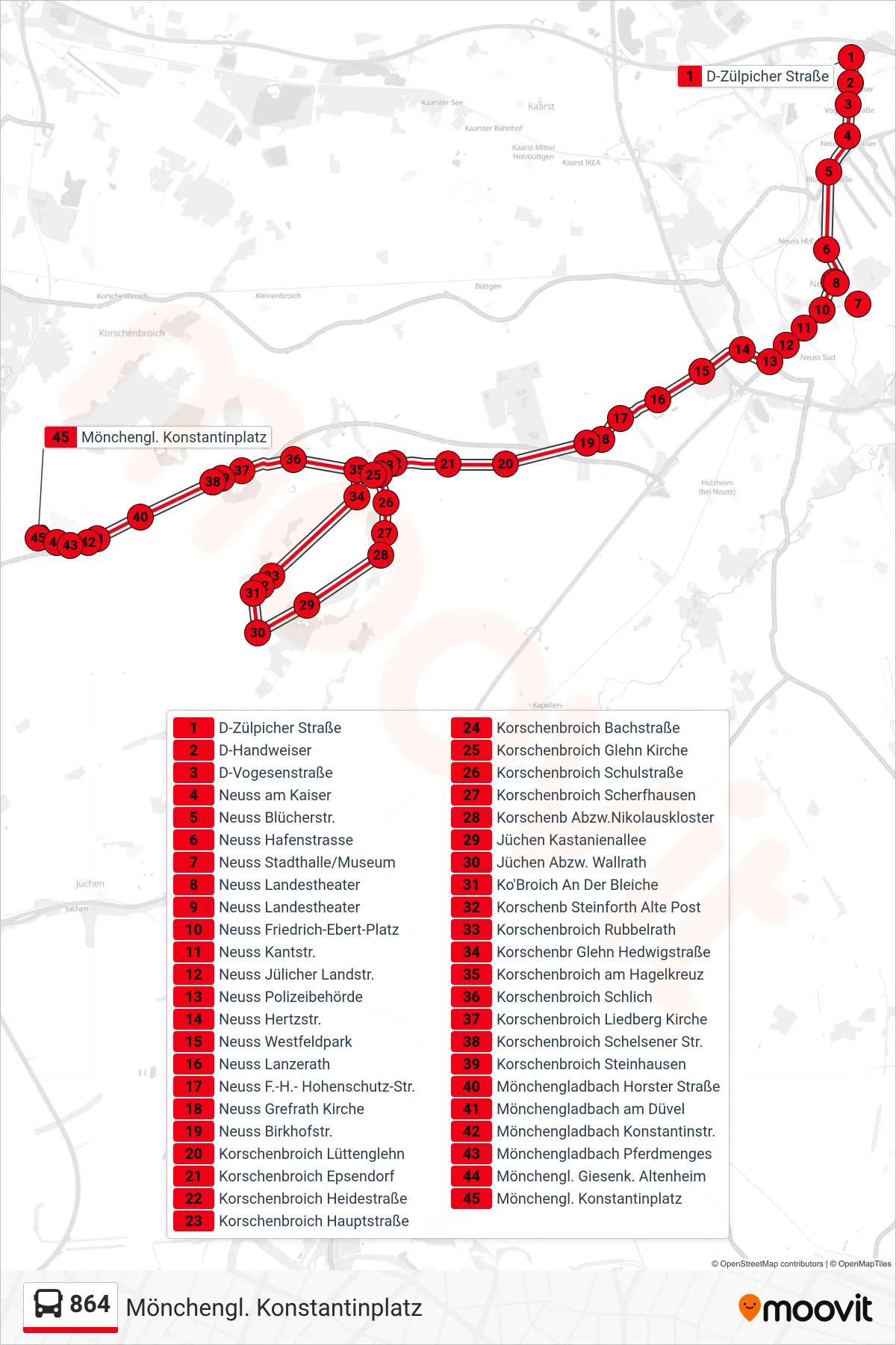 Linie 864 (Bus) Richtung Mönchengl. Konstantinplatz: Route und Haltestellen auf der Karte