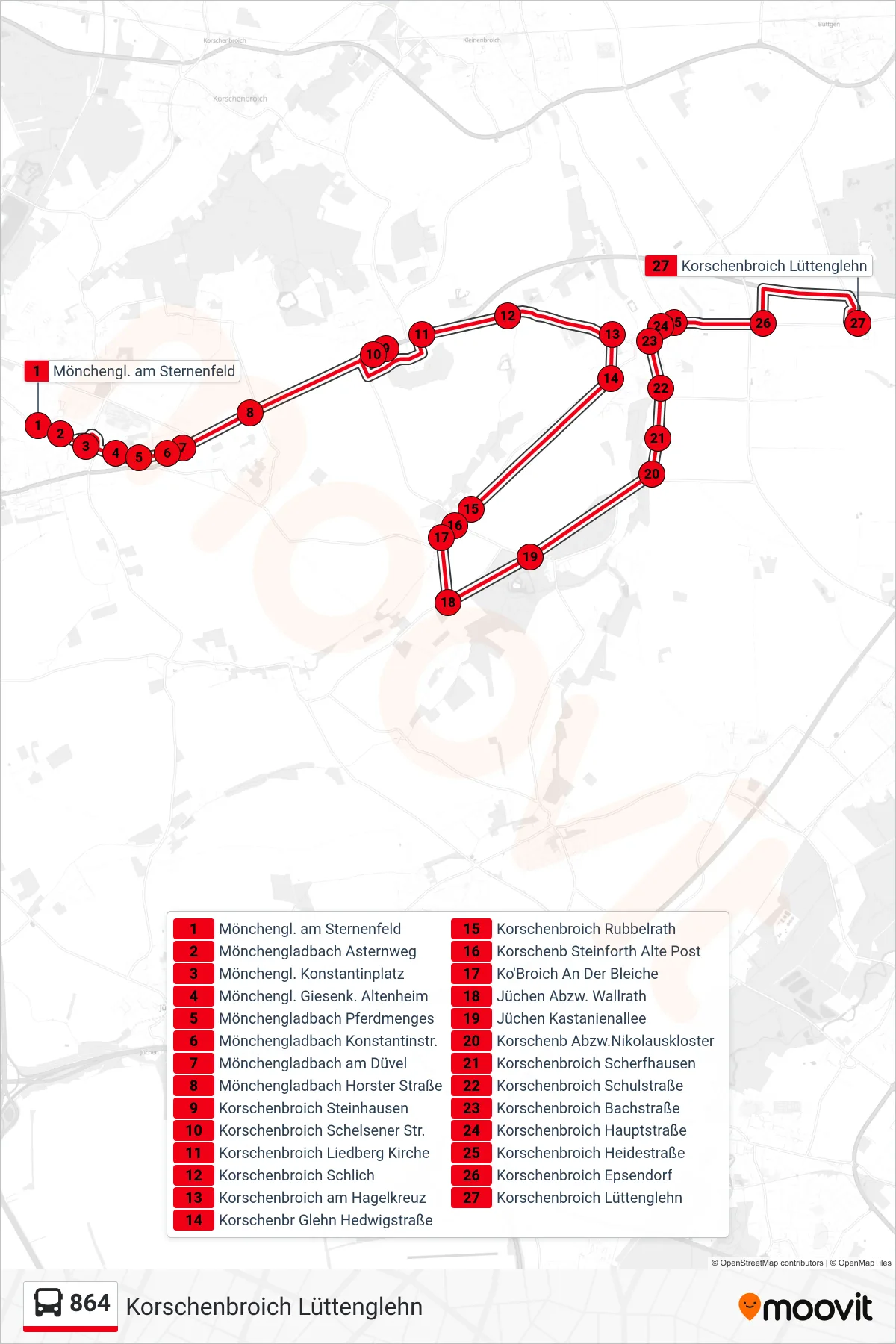 864 bus Line (Korschenbroich Lüttenglehn) route and stops on a map