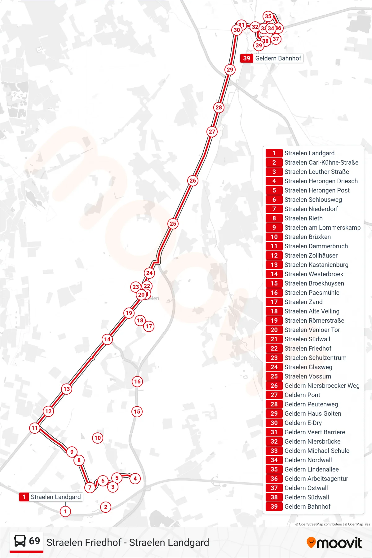 69 bus Line (Geldern Bahnhof) route and stops on a map