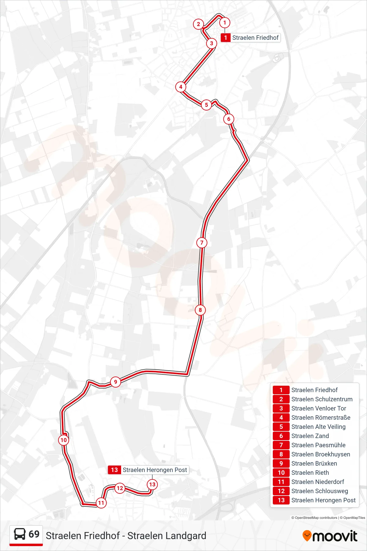Linie 69 (Bus) Richtung Straelen Herongen Post: Route und Haltestellen auf der Karte