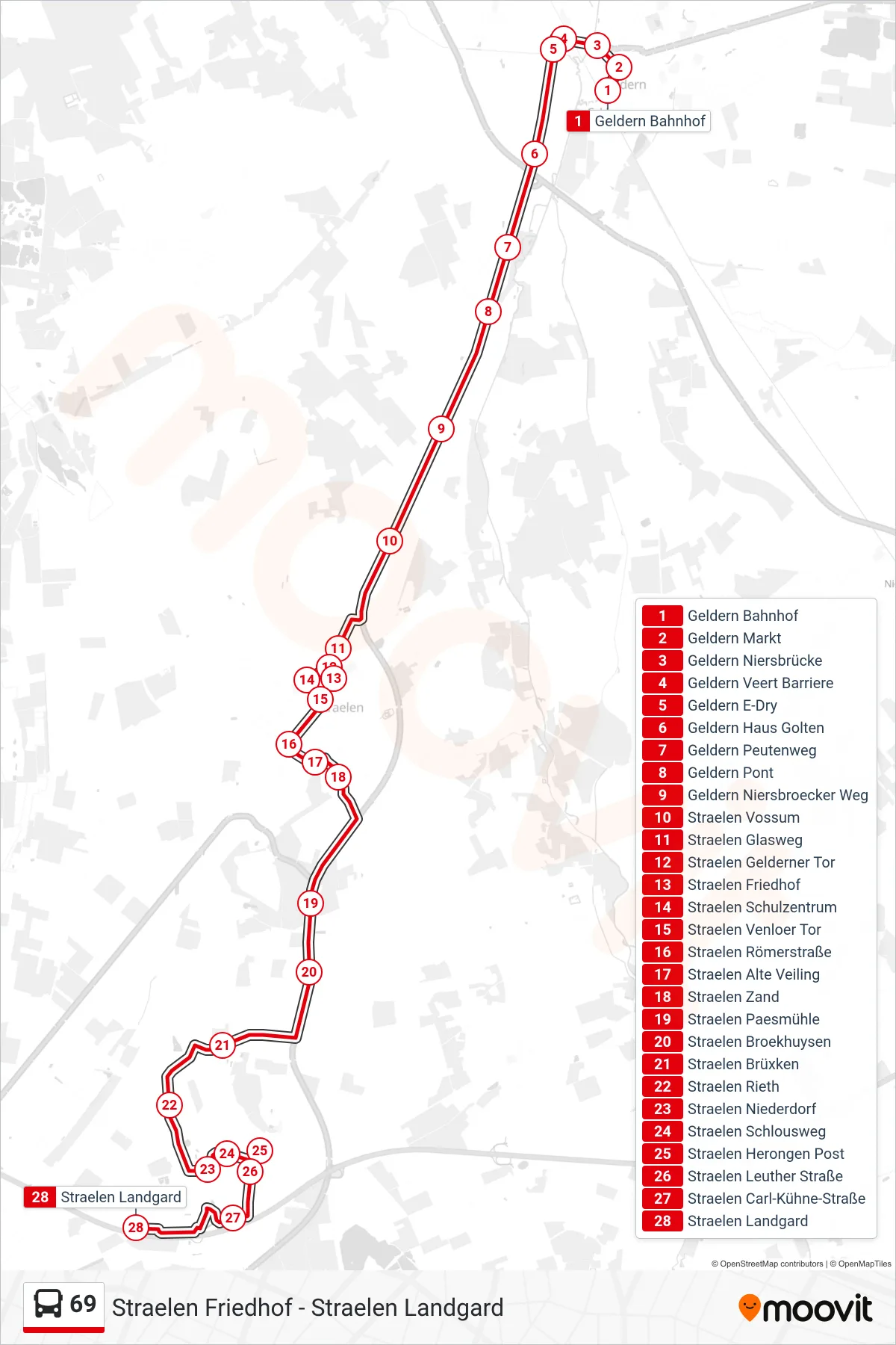 Linie 69 (Bus) Richtung Straelen Landgard: Route und Haltestellen auf der Karte