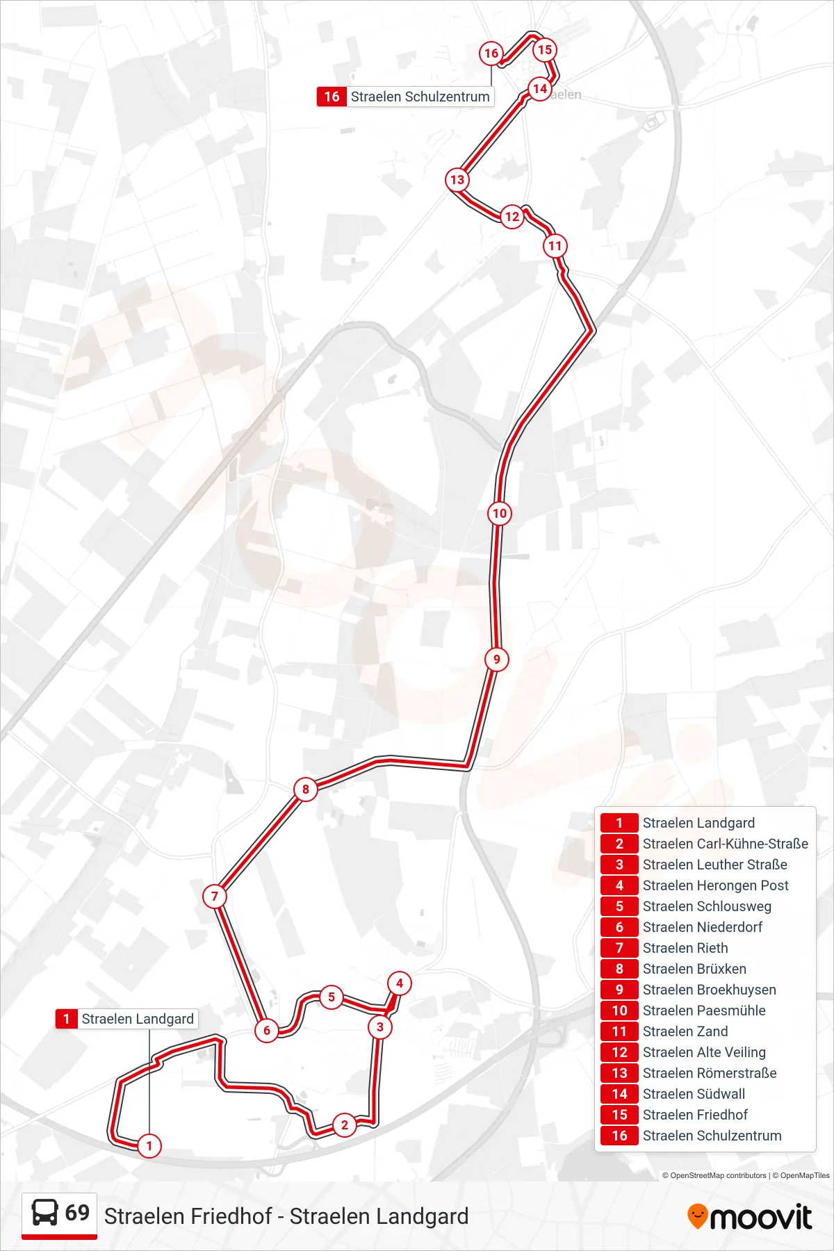 Linie 69 (Bus) Richtung Straelen Schulzentrum: Route und Haltestellen auf der Karte