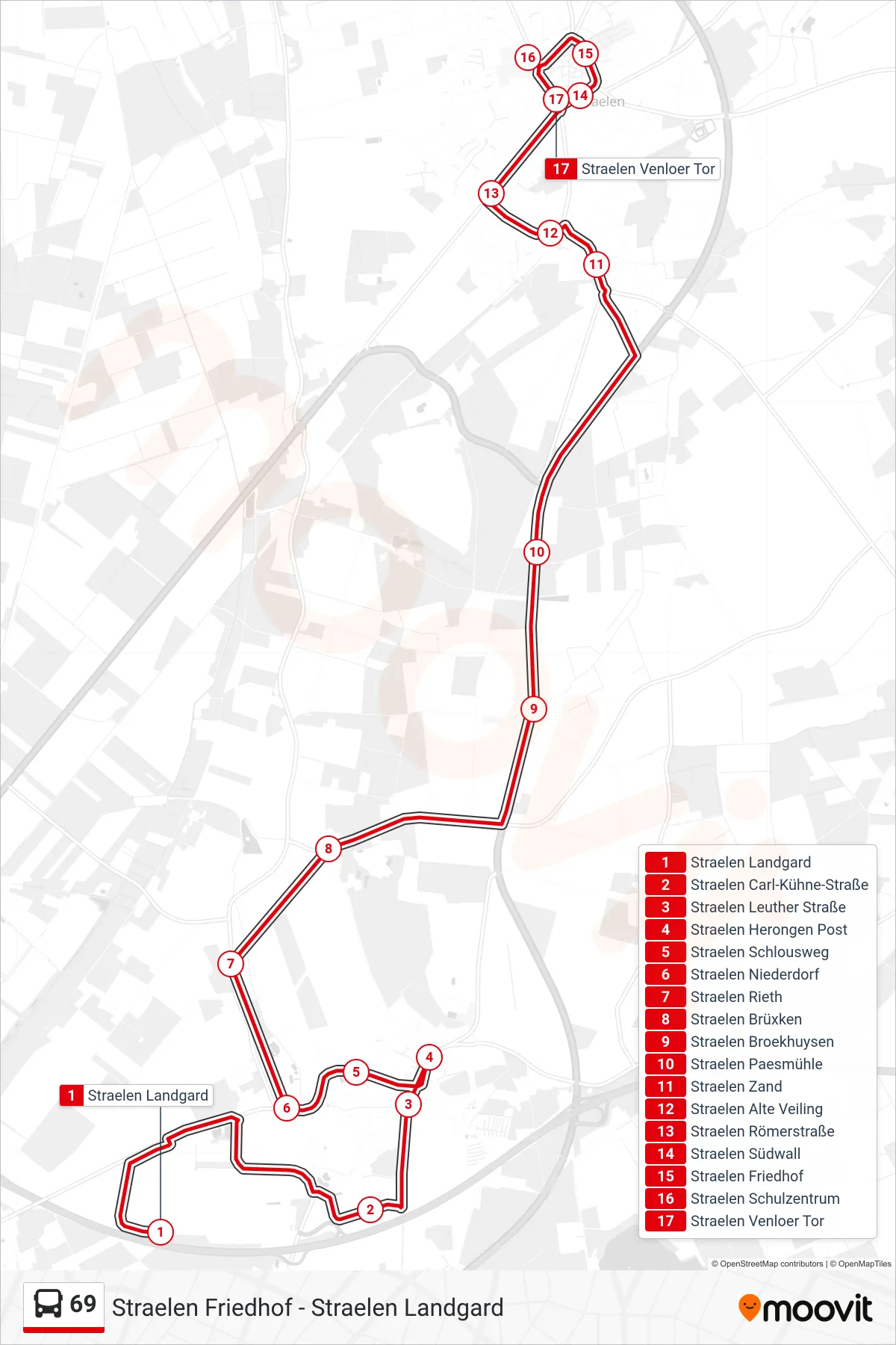 Linie 69 (Bus) Richtung Straelen Venloer Tor: Route und Haltestellen auf der Karte