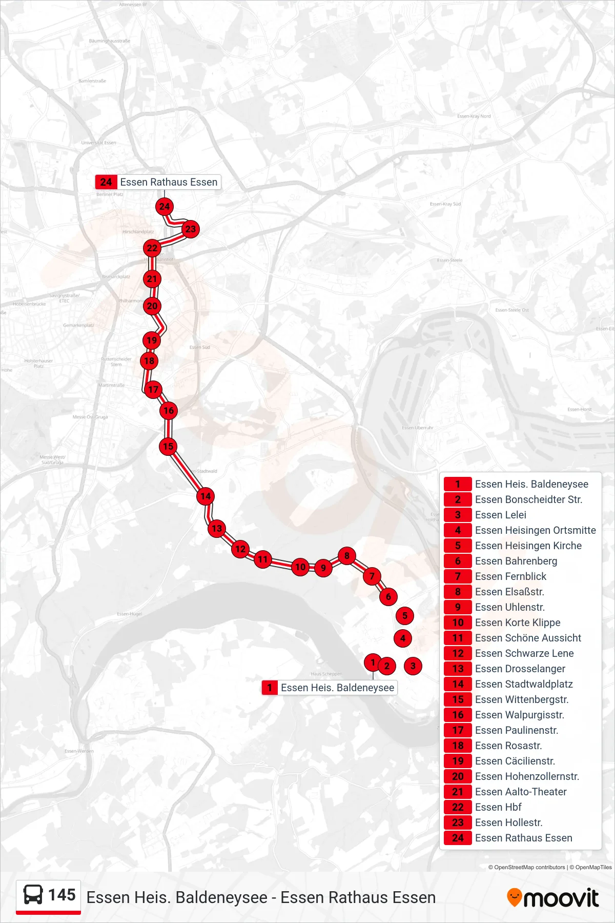 Linie 145 (Bus) Richtung Essen Rathaus Essen: Route und Haltestellen auf der Karte