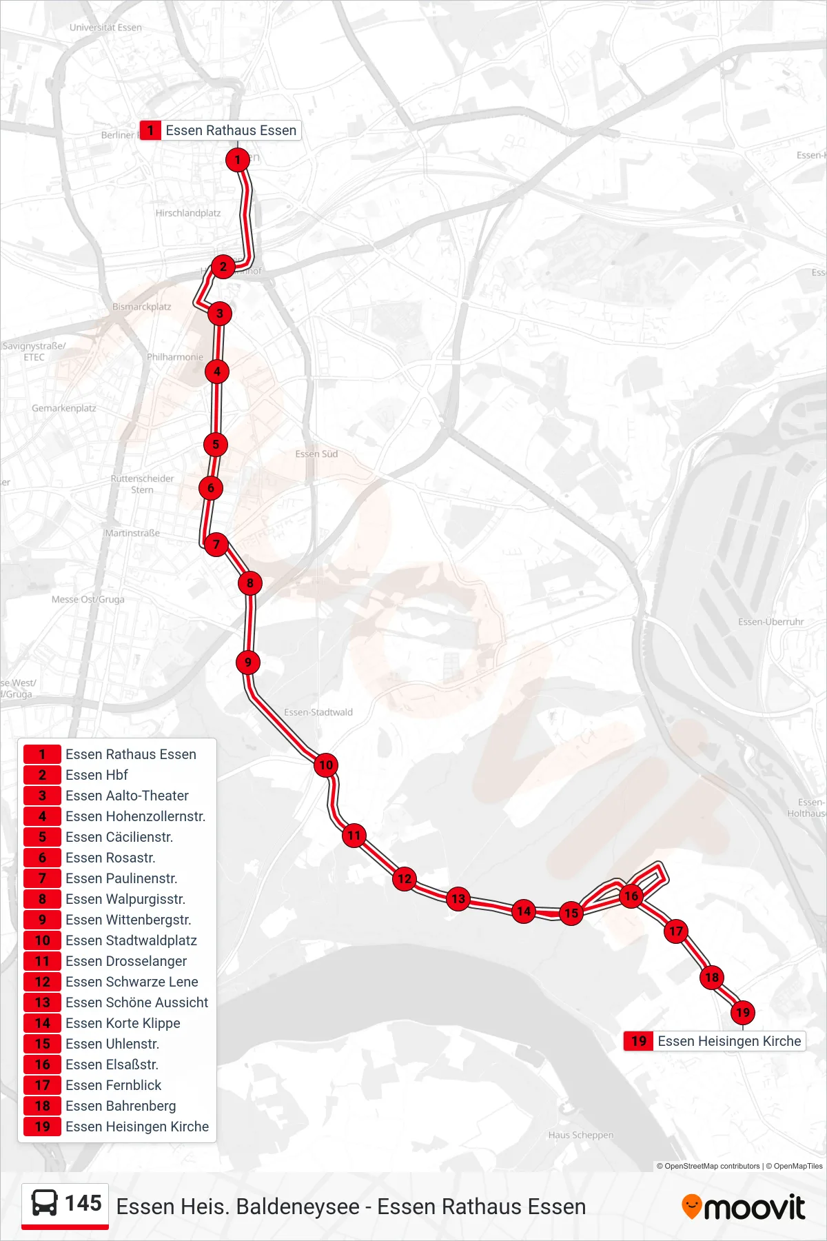 Linie 145 (Bus) Richtung Essen Heisingen Kirche: Route und Haltestellen auf der Karte