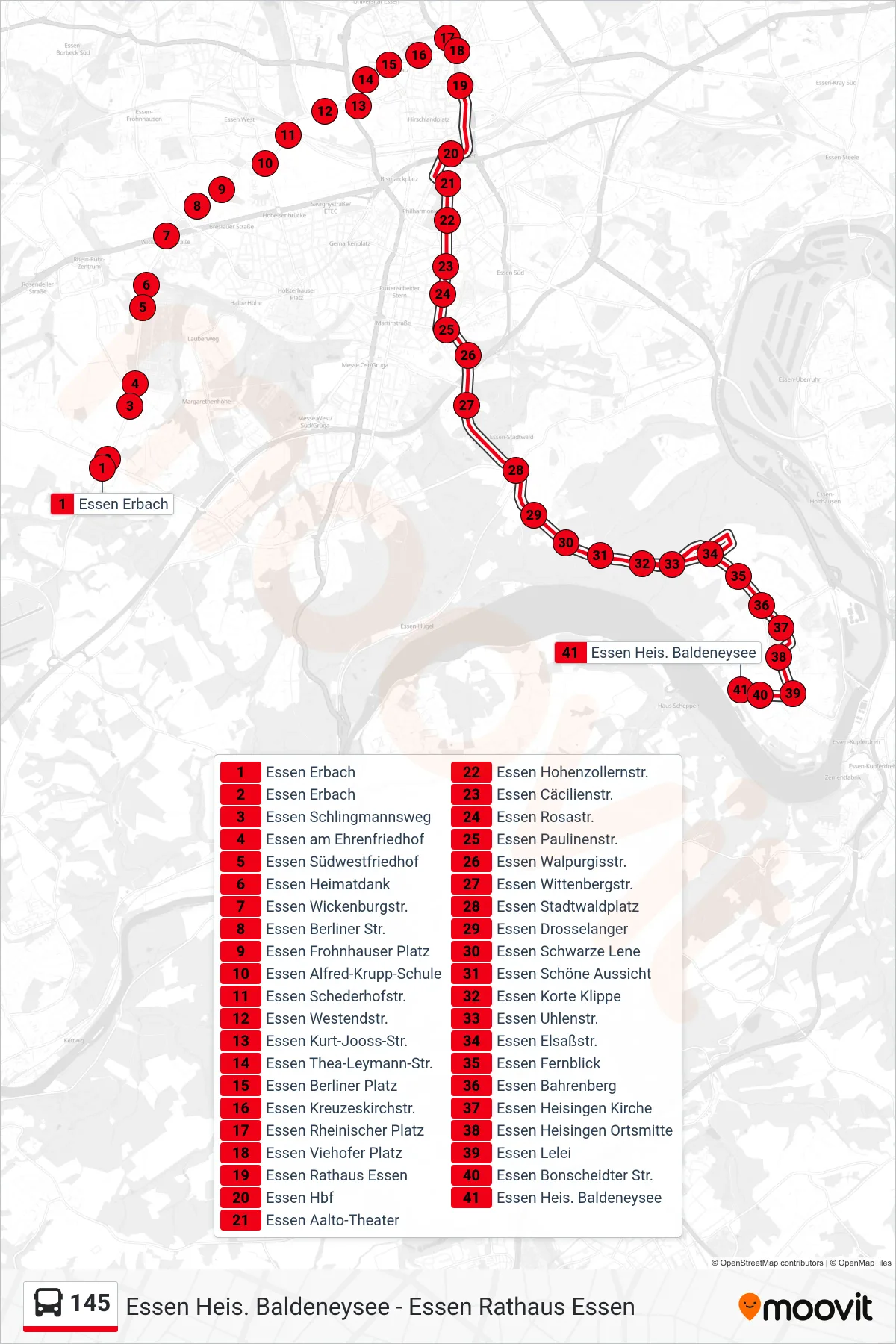 Linie 145 (Bus) Richtung Essen Heis. Baldeneysee: Route und Haltestellen auf der Karte