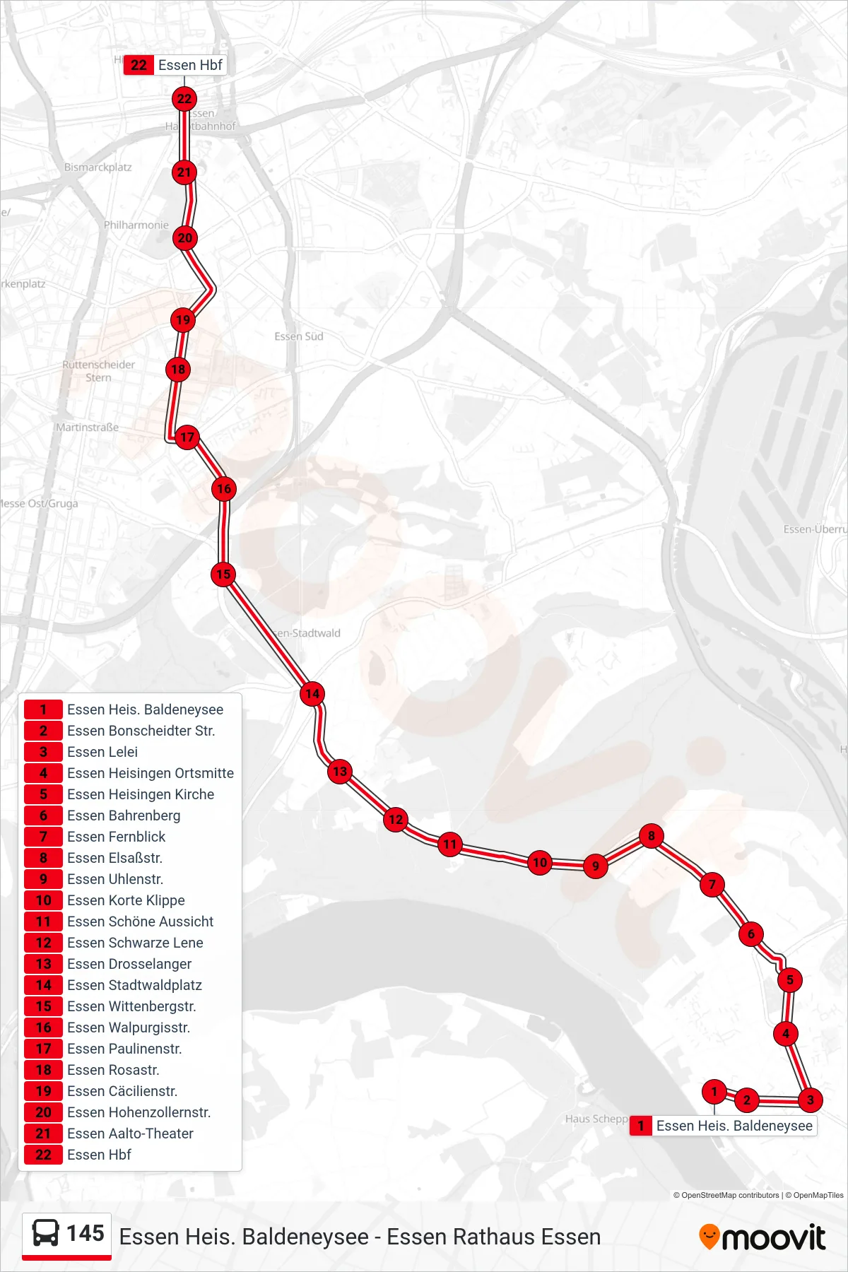 Linie 145 (Bus) Richtung Essen Hbf: Route und Haltestellen auf der Karte