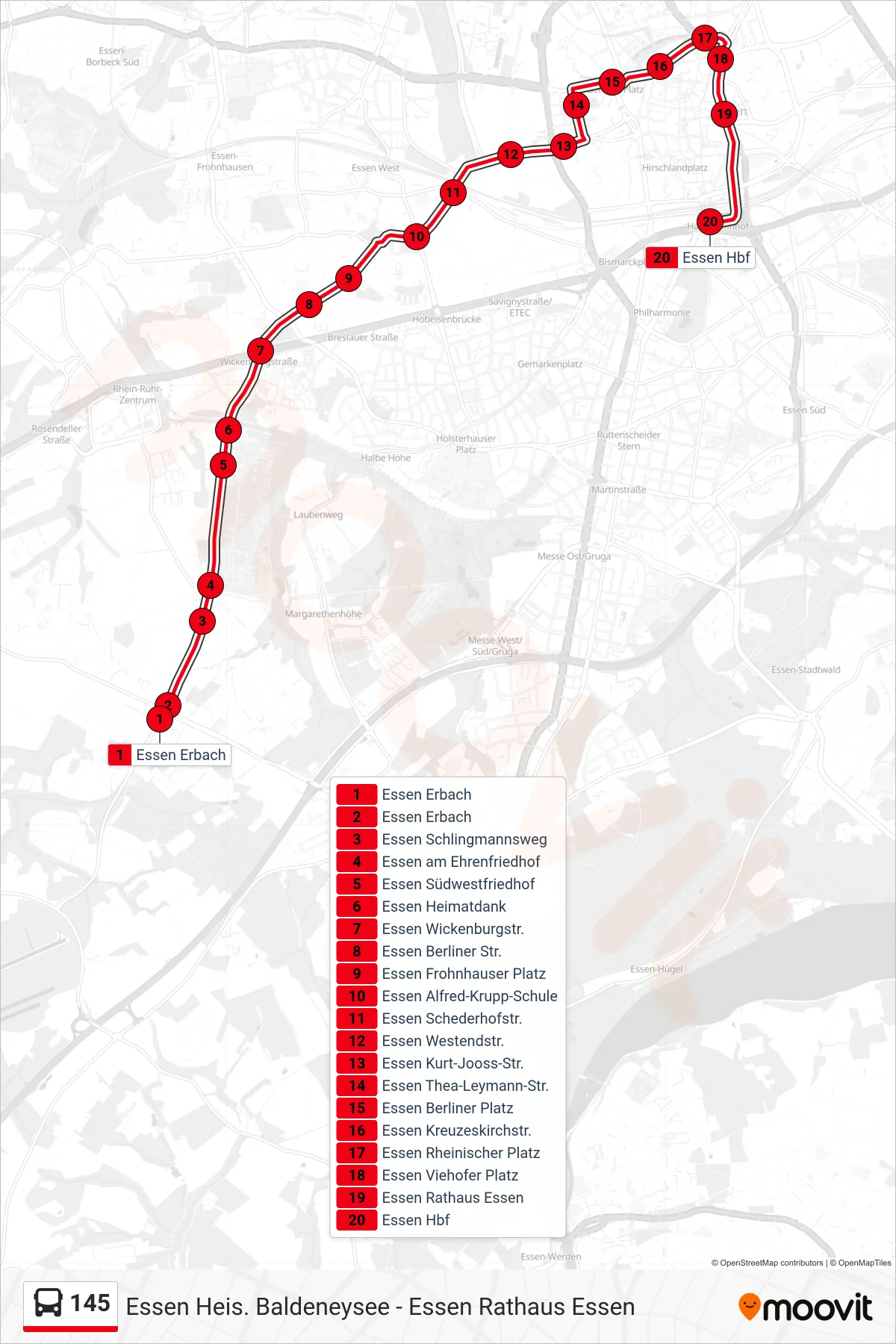 Linie 145 (Bus) Richtung Essen Hbf: Route und Haltestellen auf der Karte