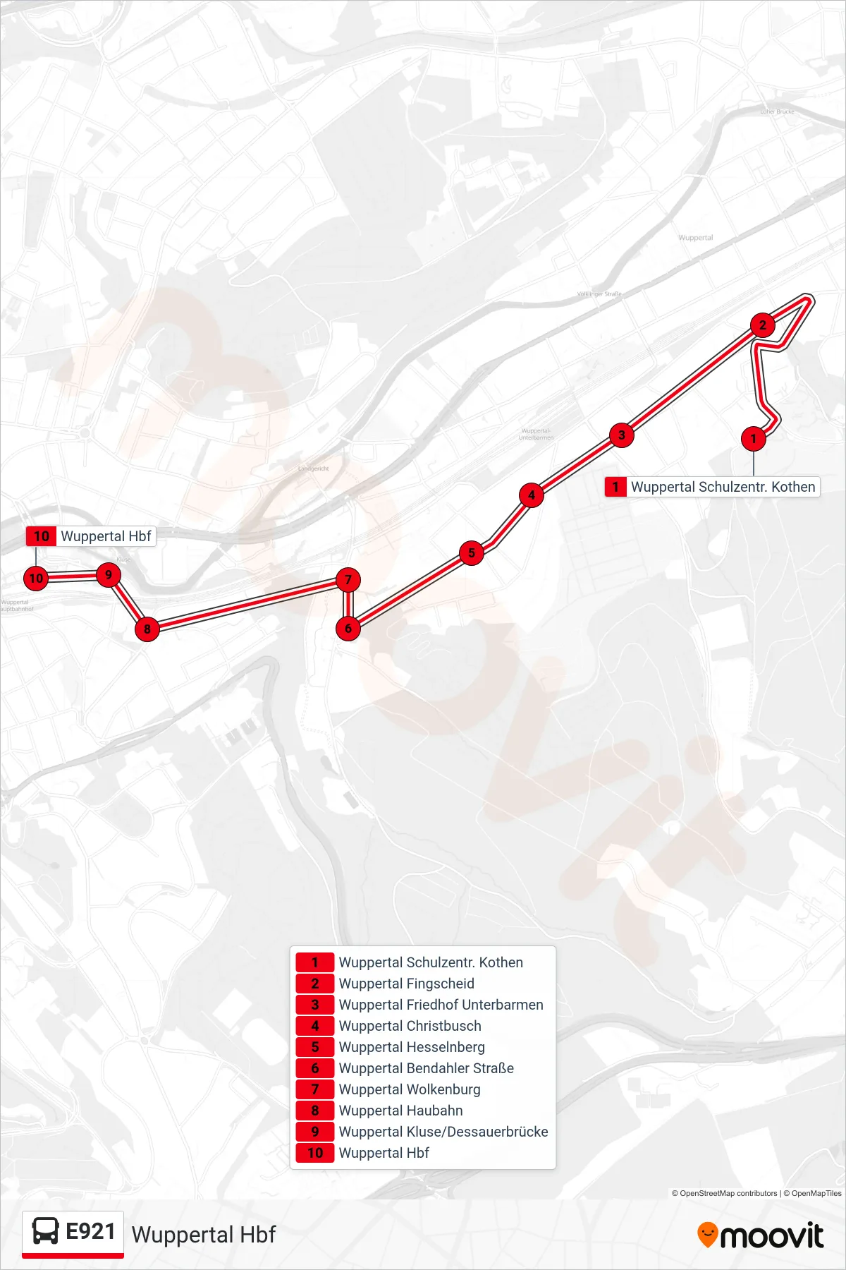 Linie E921 (Bus) Richtung Wuppertal Hbf: Route und Haltestellen auf der Karte