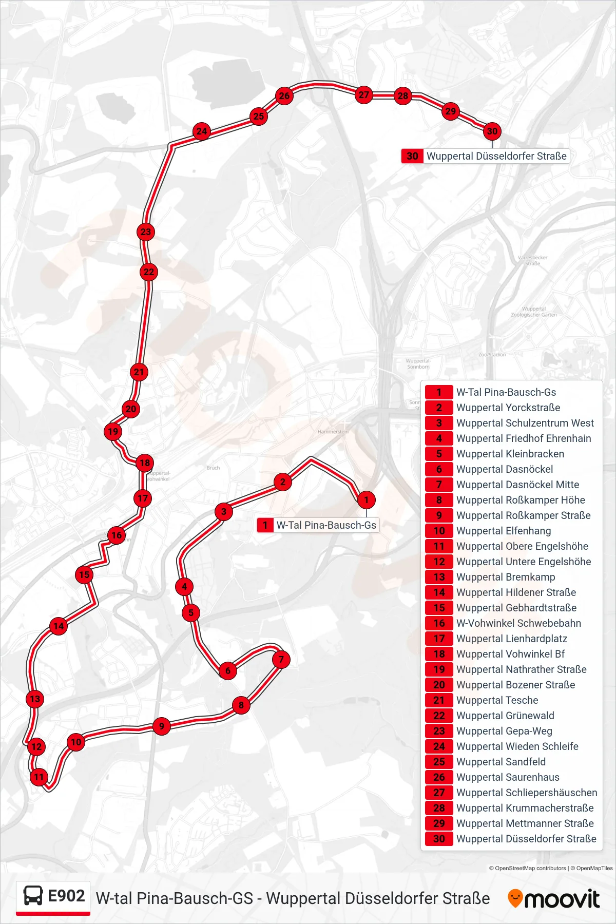 Linie E902 (Bus) Richtung Wuppertal Düsseldorfer Straße: Route und Haltestellen auf der Karte