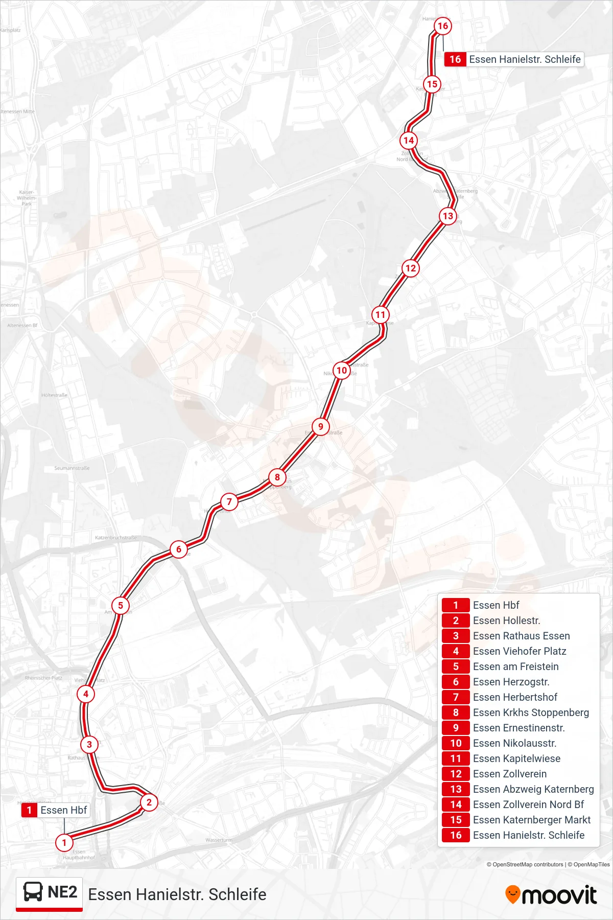 Linie NE2 (Bus) Richtung Essen Hanielstr. Schleife: Route und Haltestellen auf der Karte