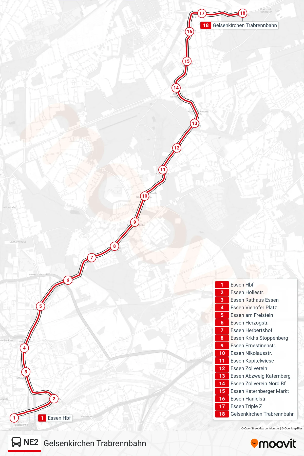 Linie NE2 (Bus) Richtung Gelsenkirchen Trabrennbahn: Route und Haltestellen auf der Karte