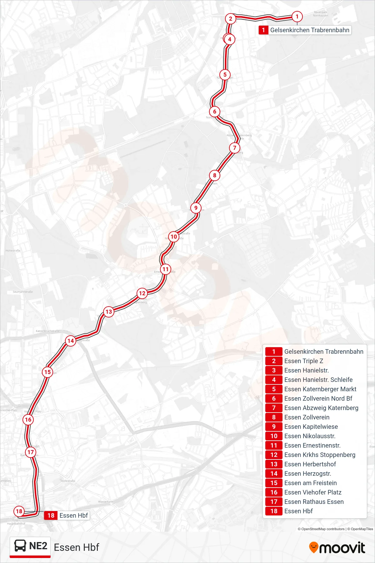 Linie NE2 (Bus) Richtung Essen Hbf: Route und Haltestellen auf der Karte
