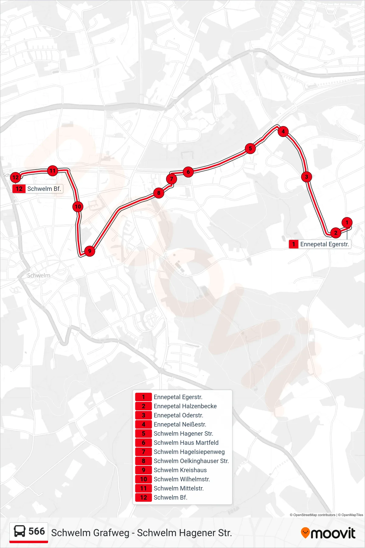 566 bus Line (Schwelm Bf.) route and stops on a map
