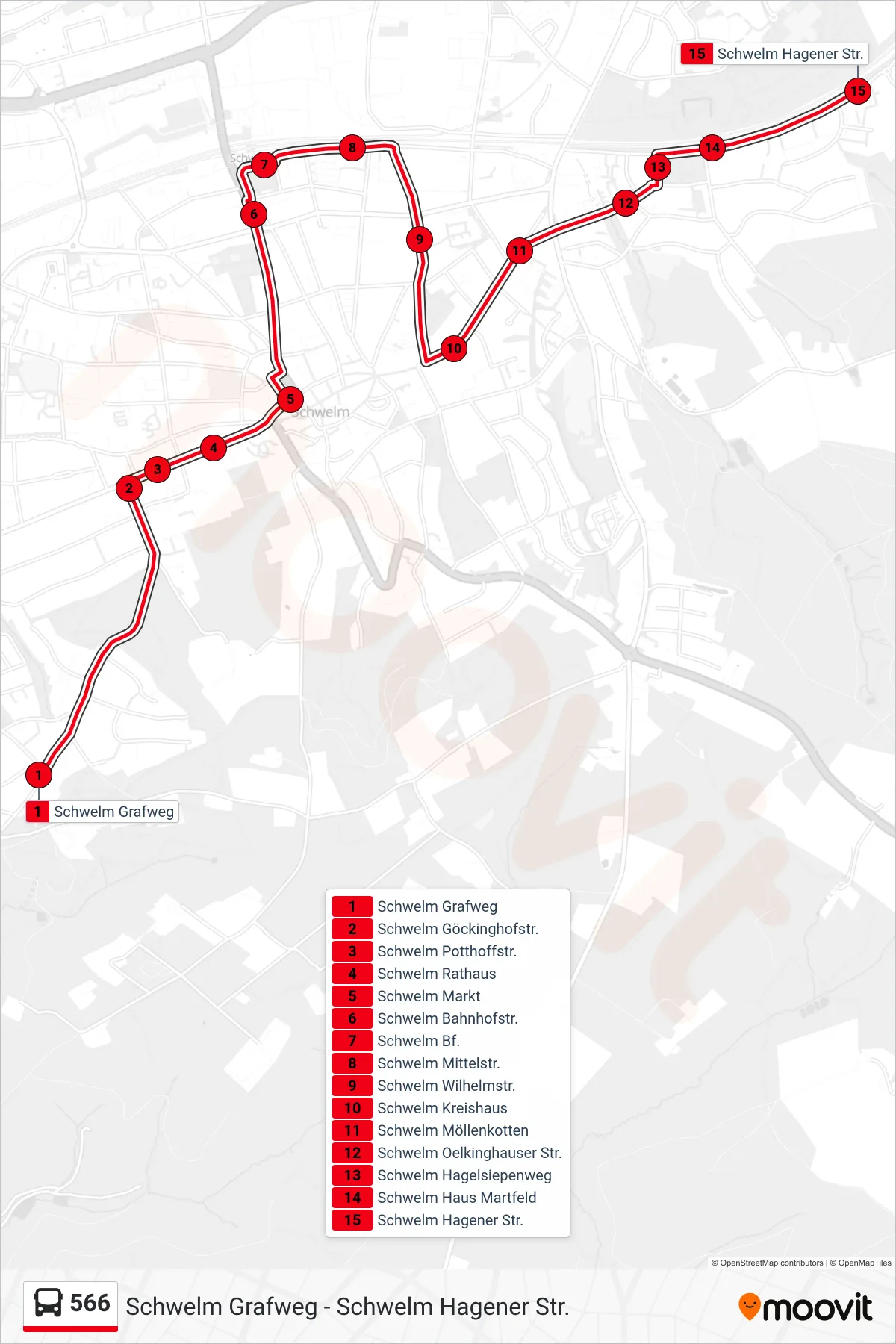 Linie 566 (Bus) Richtung Schwelm Hagener Str.: Route und Haltestellen auf der Karte