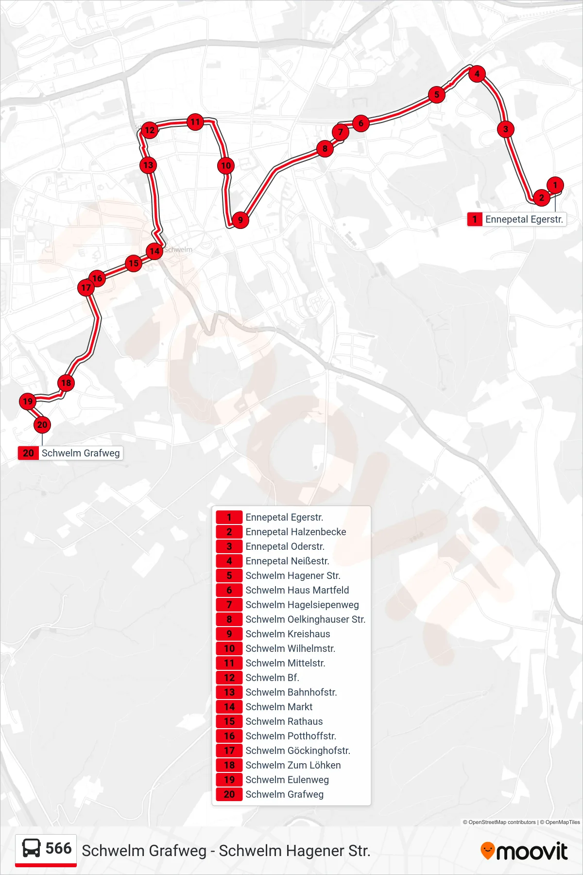 Linie 566 (Bus) Richtung Schwelm Grafweg: Route und Haltestellen auf der Karte