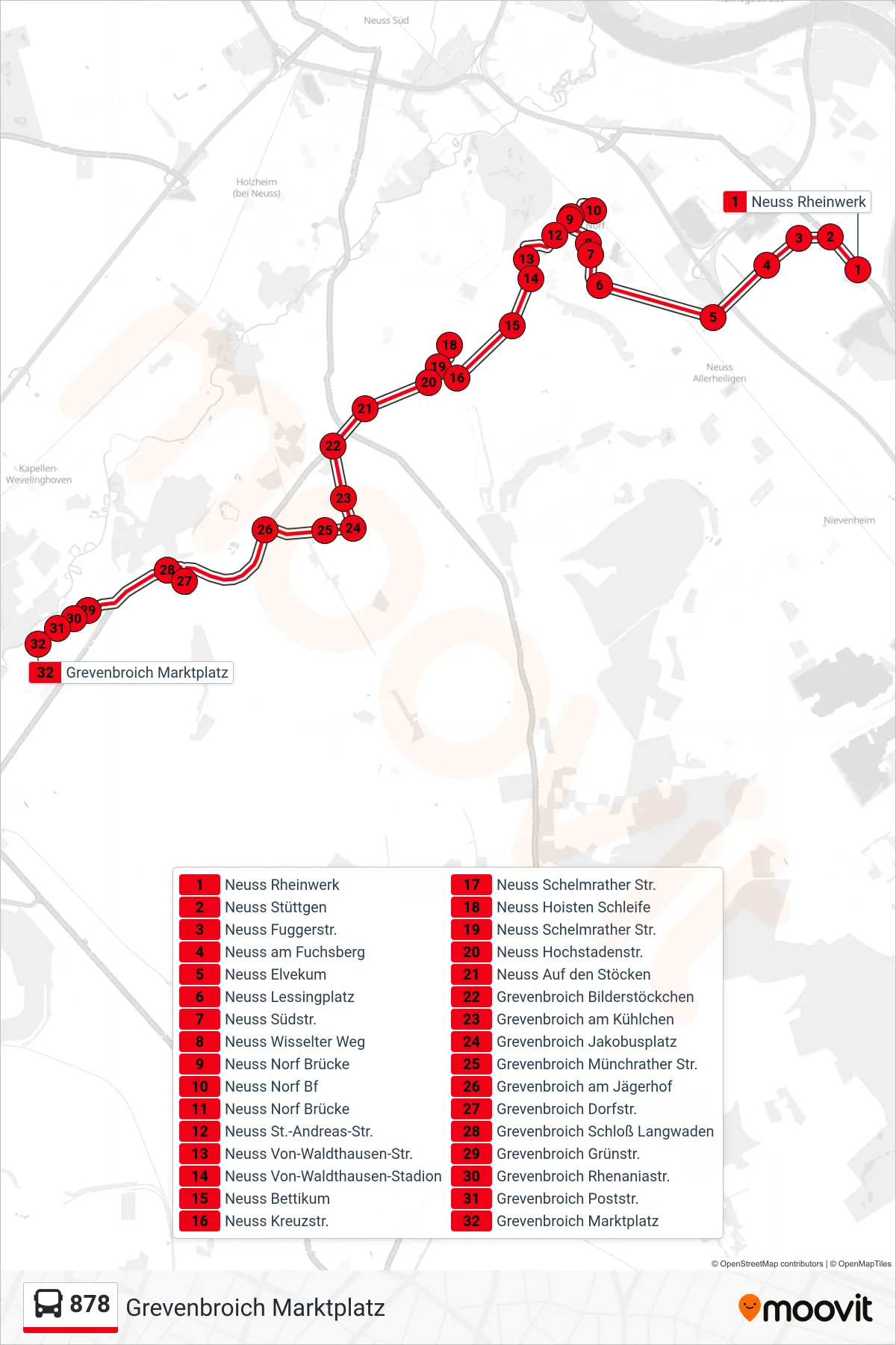 878 bus Line (Grevenbroich Marktplatz) route and stops on a map