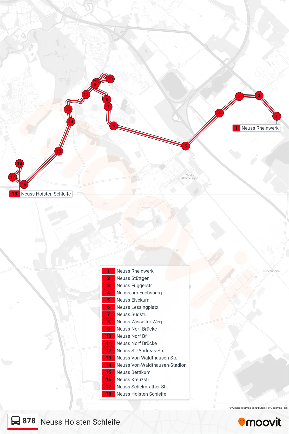 Linie 878 (Bus) Richtung Neuss Hoisten Schleife: Route und Haltestellen auf der Karte