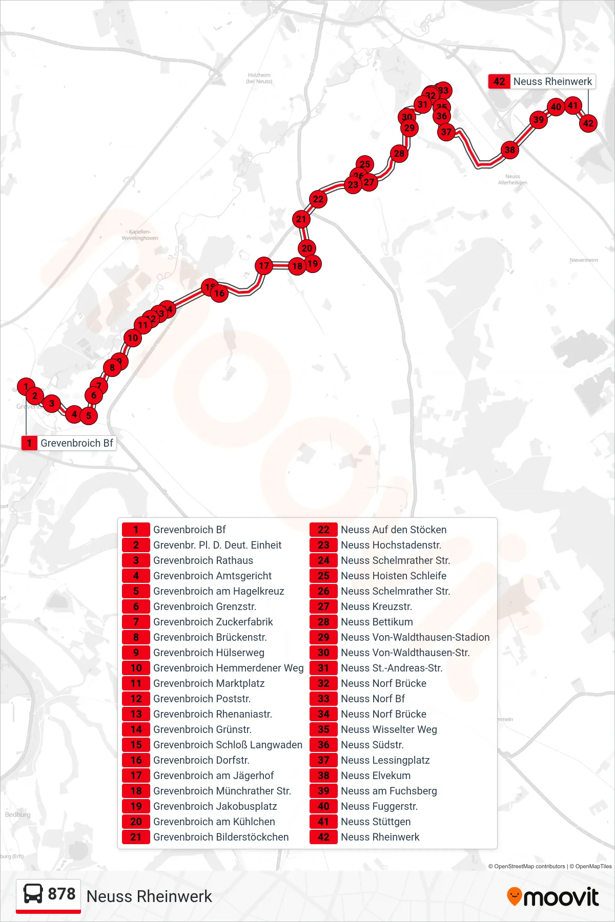 Linie 878 (Bus) Richtung Neuss Rheinwerk: Route und Haltestellen auf der Karte