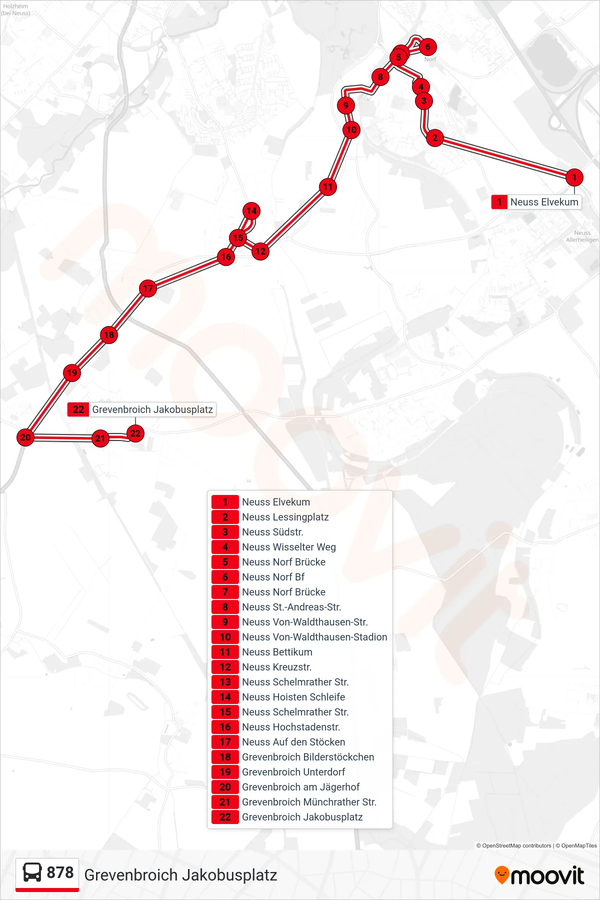 Linie 878 (Bus) Richtung Grevenbroich Jakobusplatz: Route und Haltestellen auf der Karte