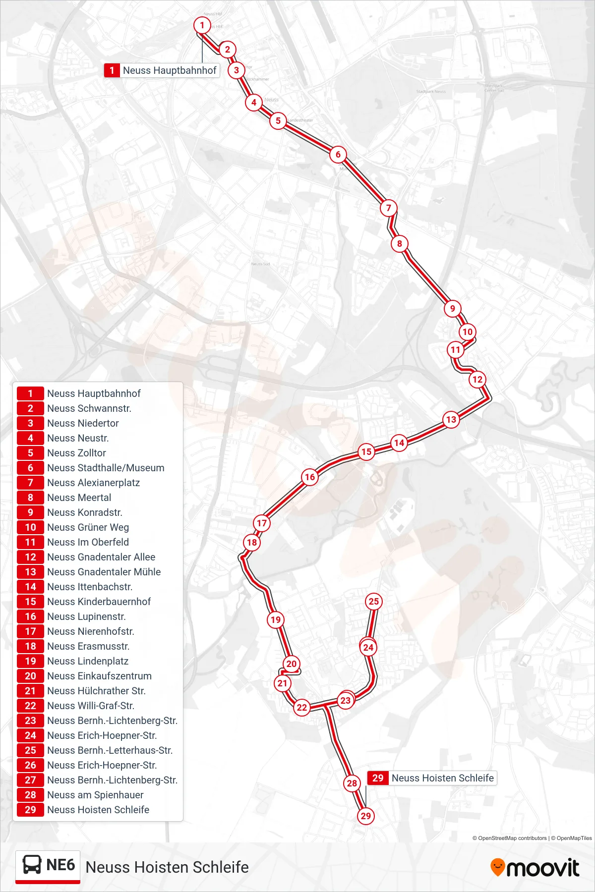 Linie NE6 (Bus) Richtung Neuss Hoisten Schleife: Route und Haltestellen auf der Karte