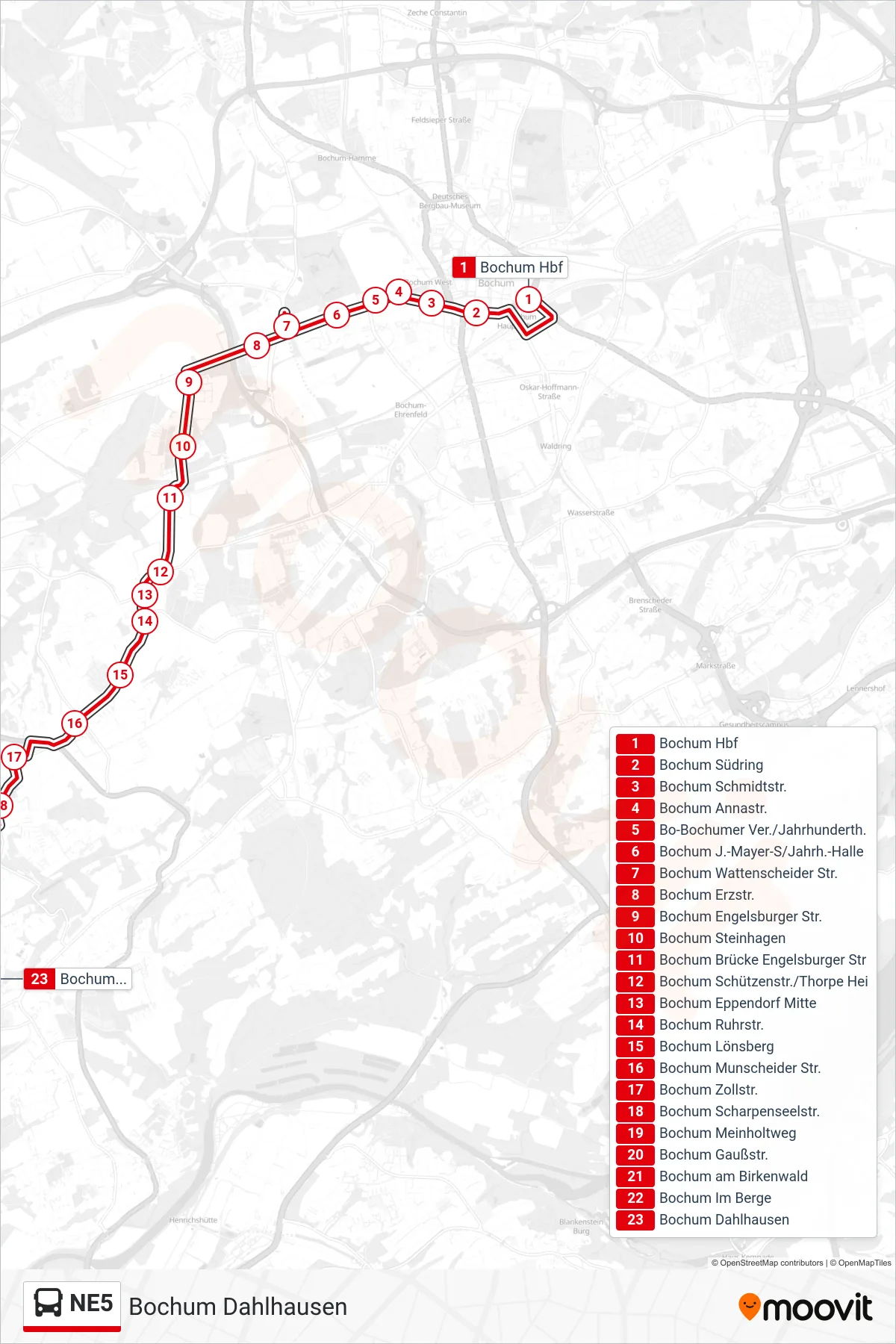 Linie NE5 (Bus) Richtung Bochum Dahlhausen: Route und Haltestellen auf der Karte