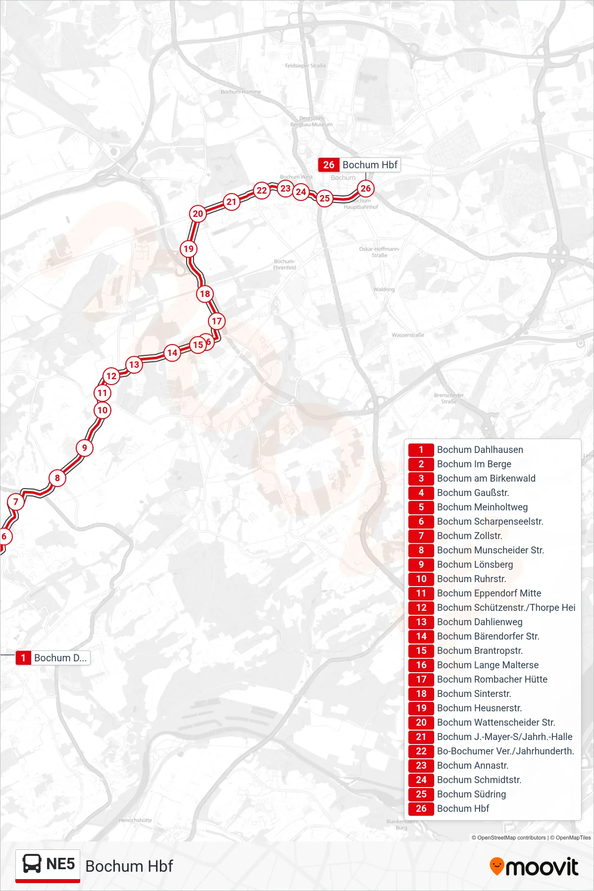 NE5 bus Line (Bochum Hbf) route and stops on a map