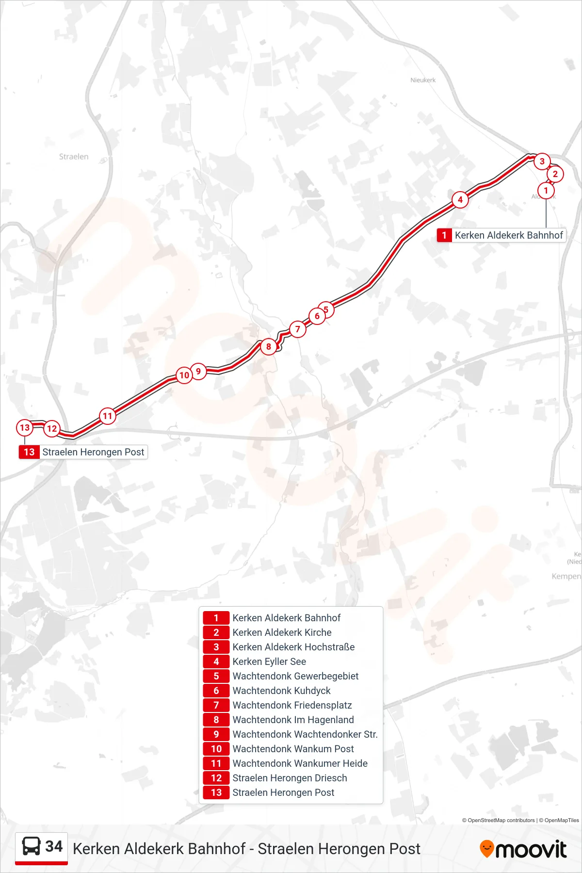 Linie 34 (Bus) Richtung Straelen Herongen Post: Route und Haltestellen auf der Karte