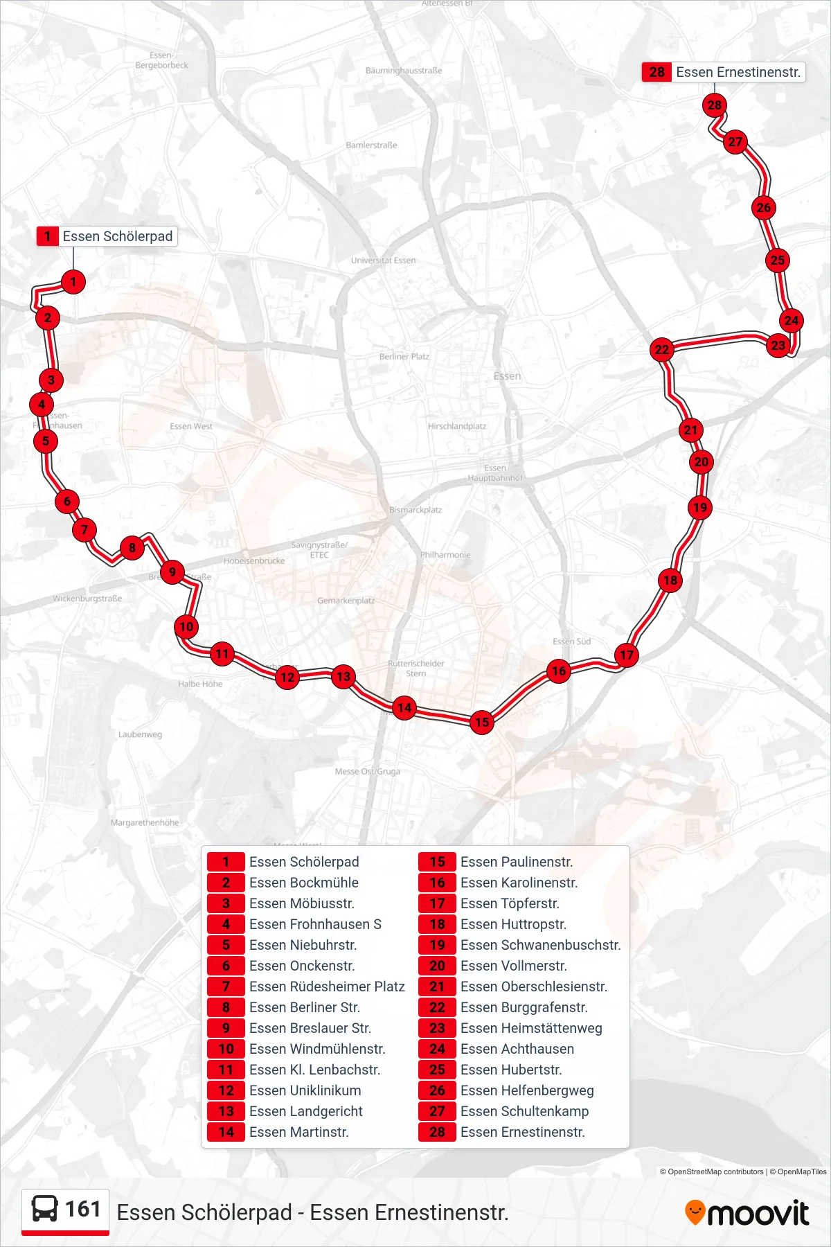 Linie 161 (Bus) Richtung Essen Ernestinenstr.: Route und Haltestellen auf der Karte