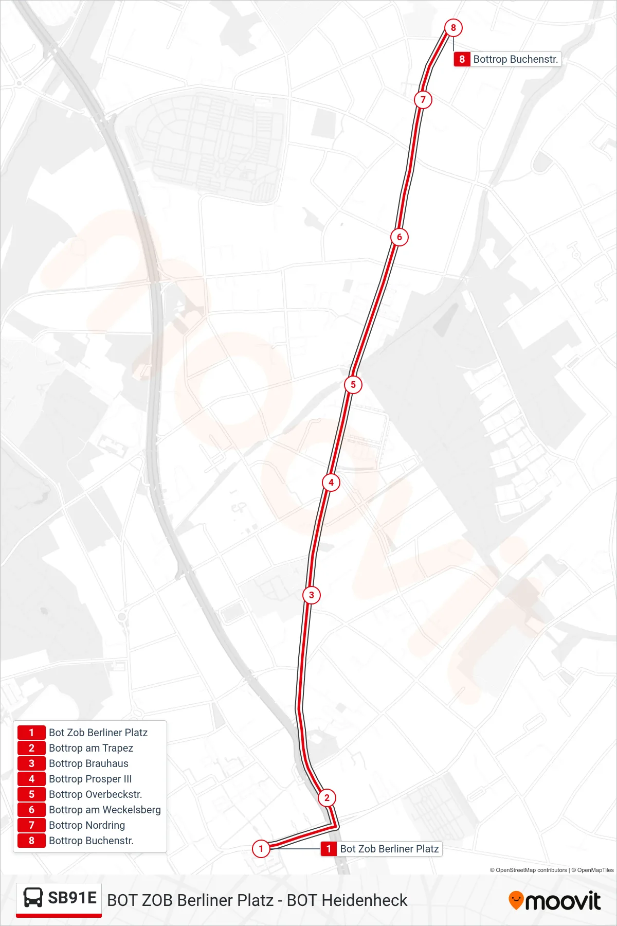 Linie SB91E (Bus) Richtung Bottrop Buchenstr.: Route und Haltestellen auf der Karte