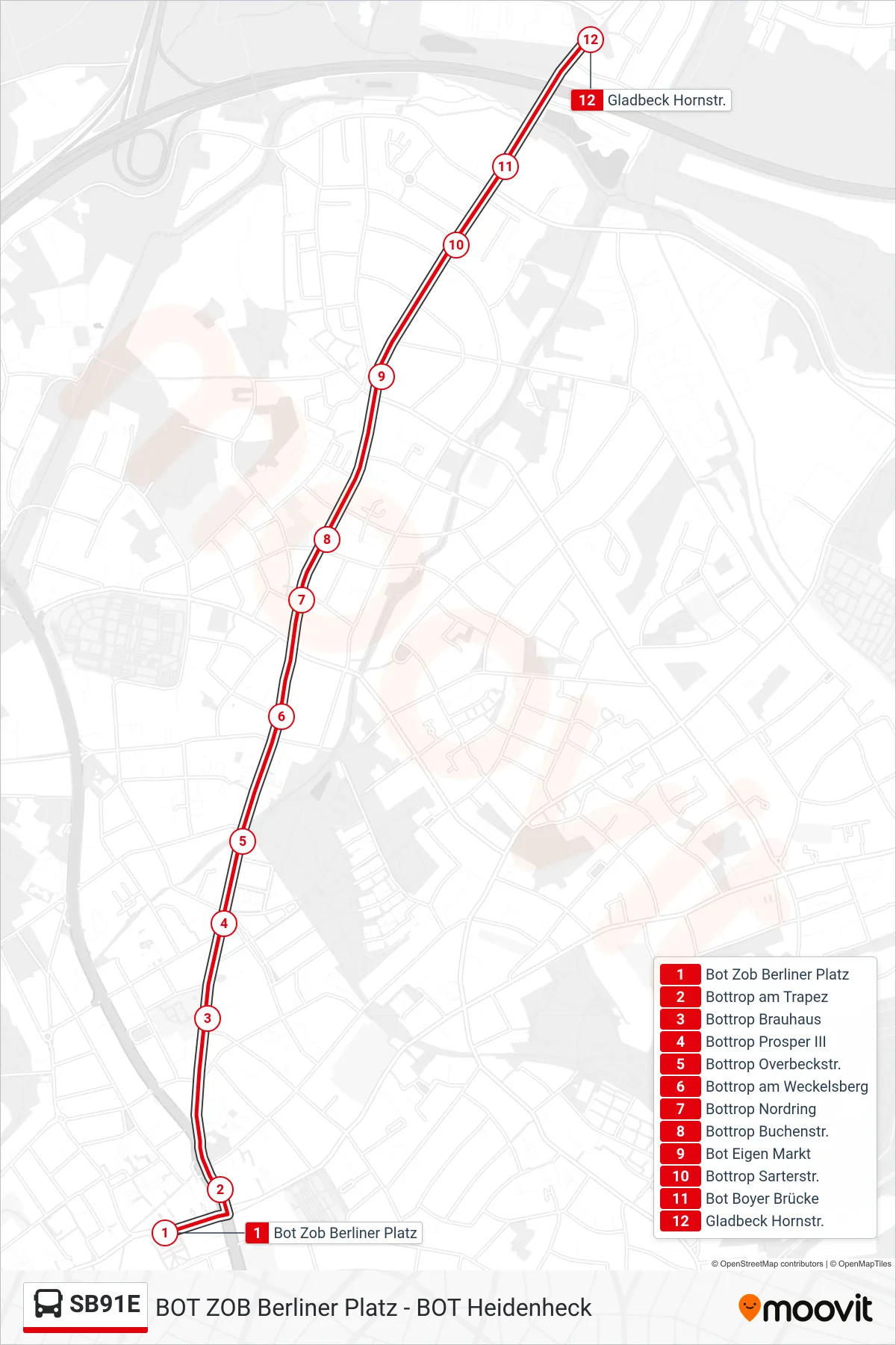 SB91E bus Line (Gladbeck Hornstr.) route and stops on a map