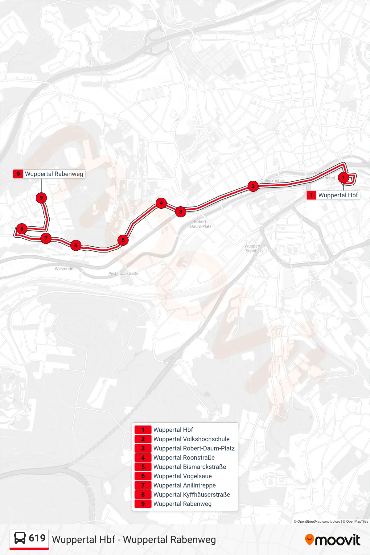 Linie 619 (Bus) Richtung Wuppertal Rabenweg: Route und Haltestellen auf der Karte
